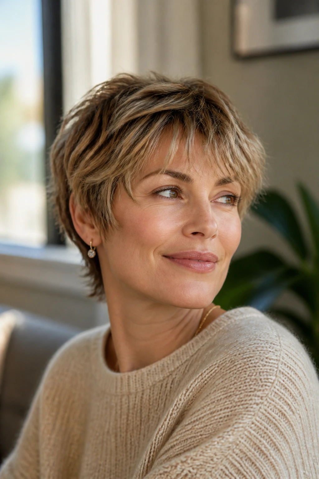 Close-up portrait of a real woman with a feathered crop hairstyle featuring light wispy layers at the temples