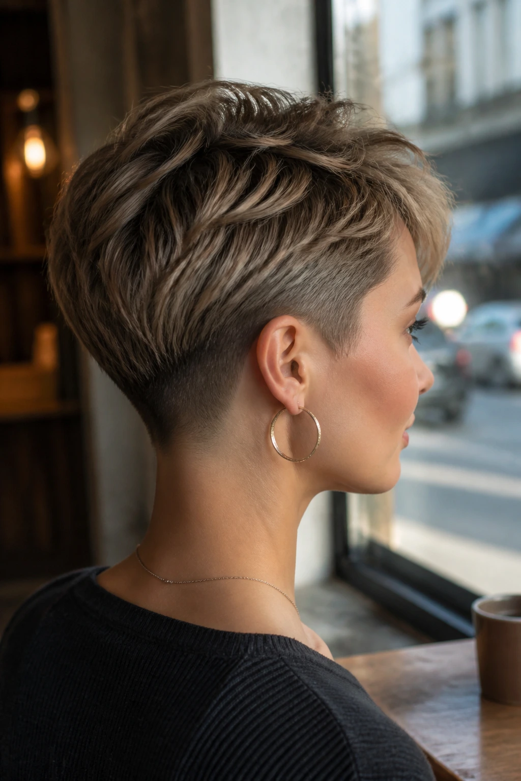Close-up of a real woman with a feathered crop and rounded nape undercut, soft cafe light