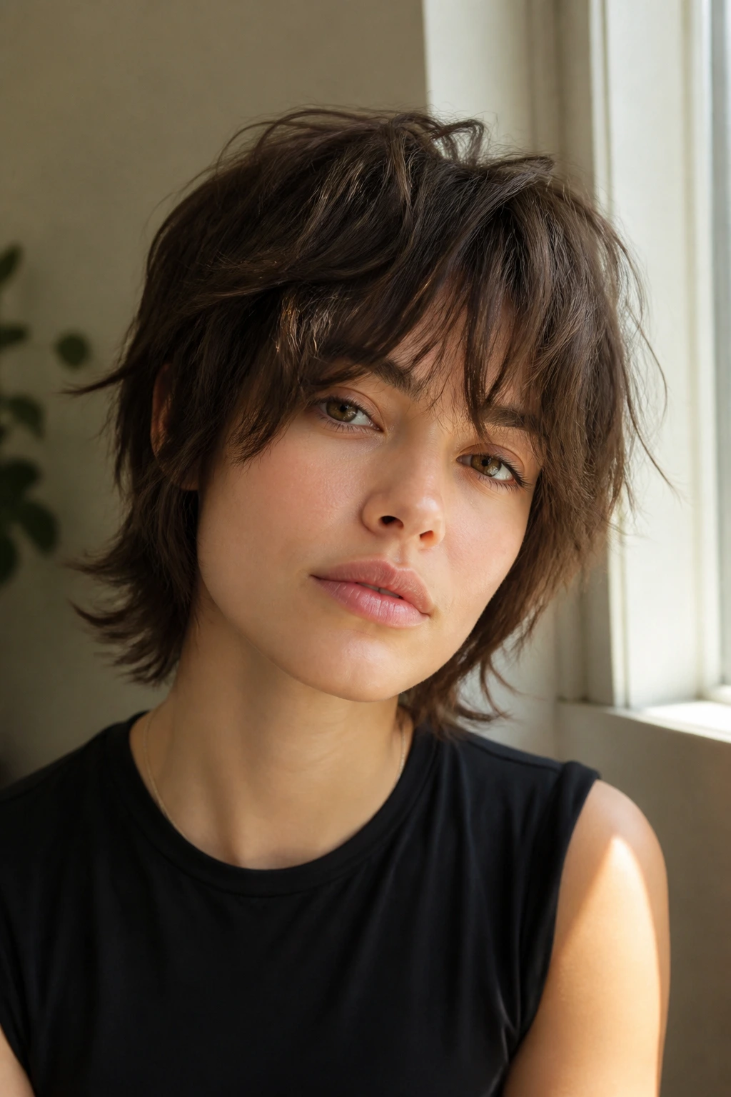 Close-up portrait of a real person with feathered crop shag and long fringe