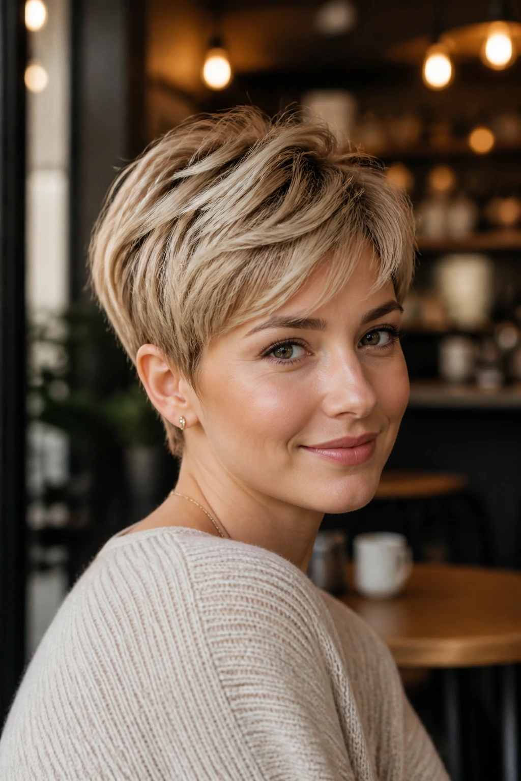 Real woman with feathered crop hairstyle in a warm cafe light