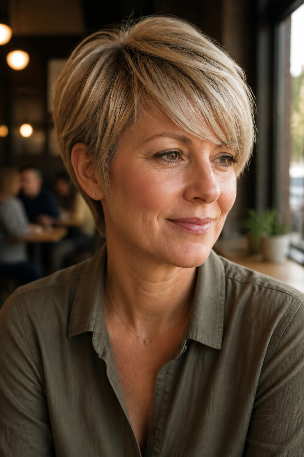 Close-up of a woman with feathered crop and side-swept bangs in a sunlit cafe