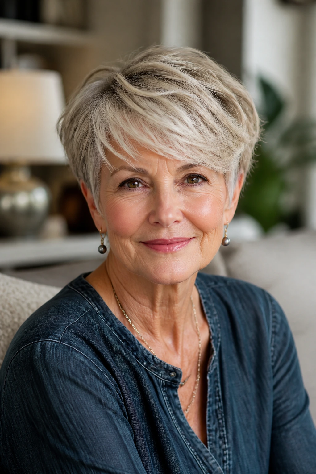 Close-up of an older woman with a feathered crop and side-swept bangs