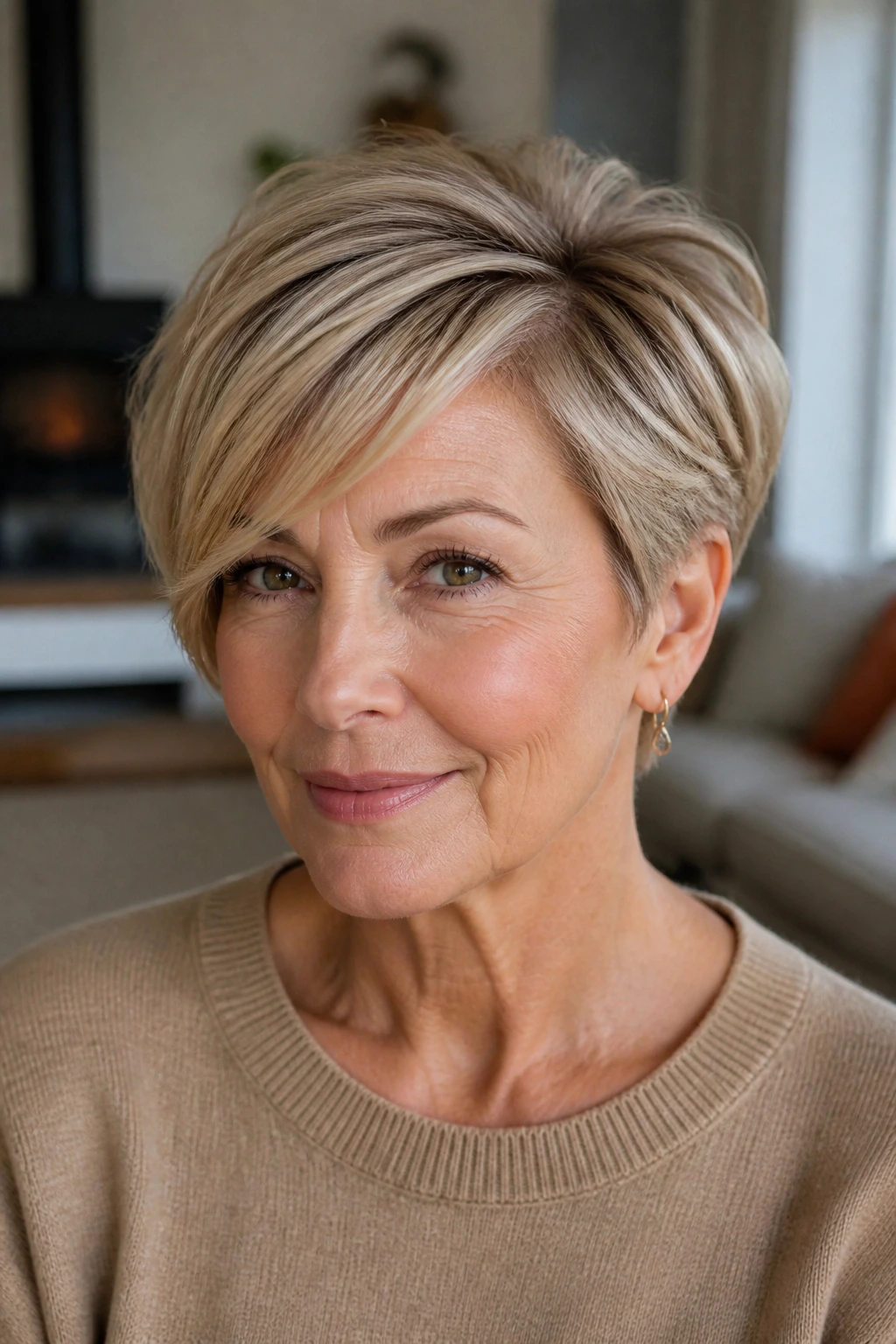 Close-up of real woman with side-swept feathered crop