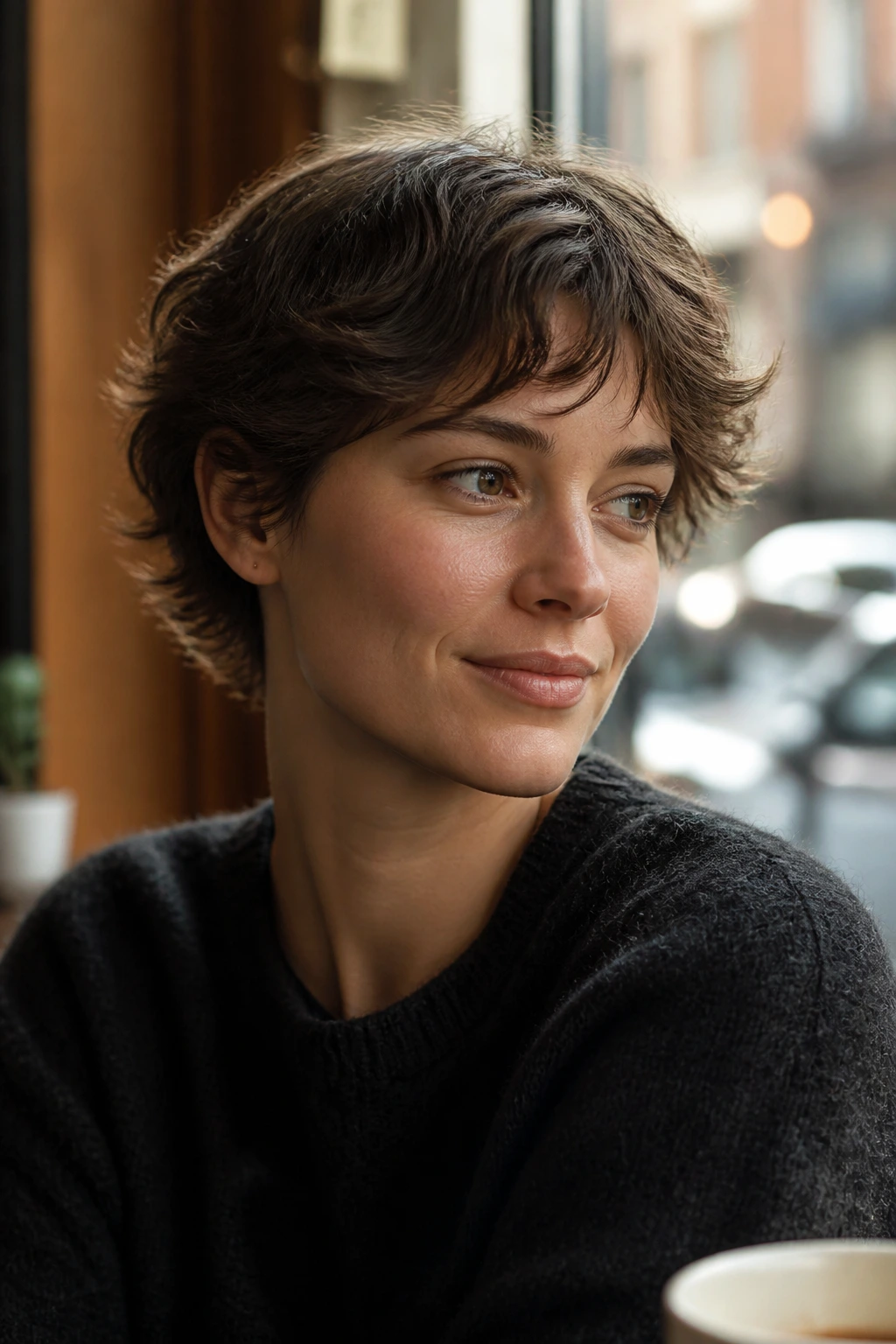 Portrait of real person with feathered crop and soft S-bends in short hair