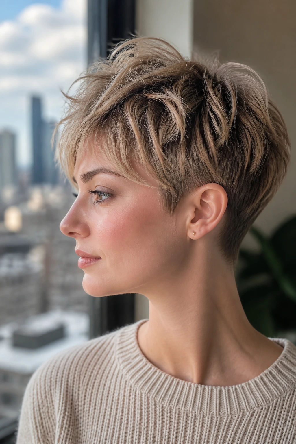 Close-up of a real person with a feathered crop and tapered nape in an urban indoor setting