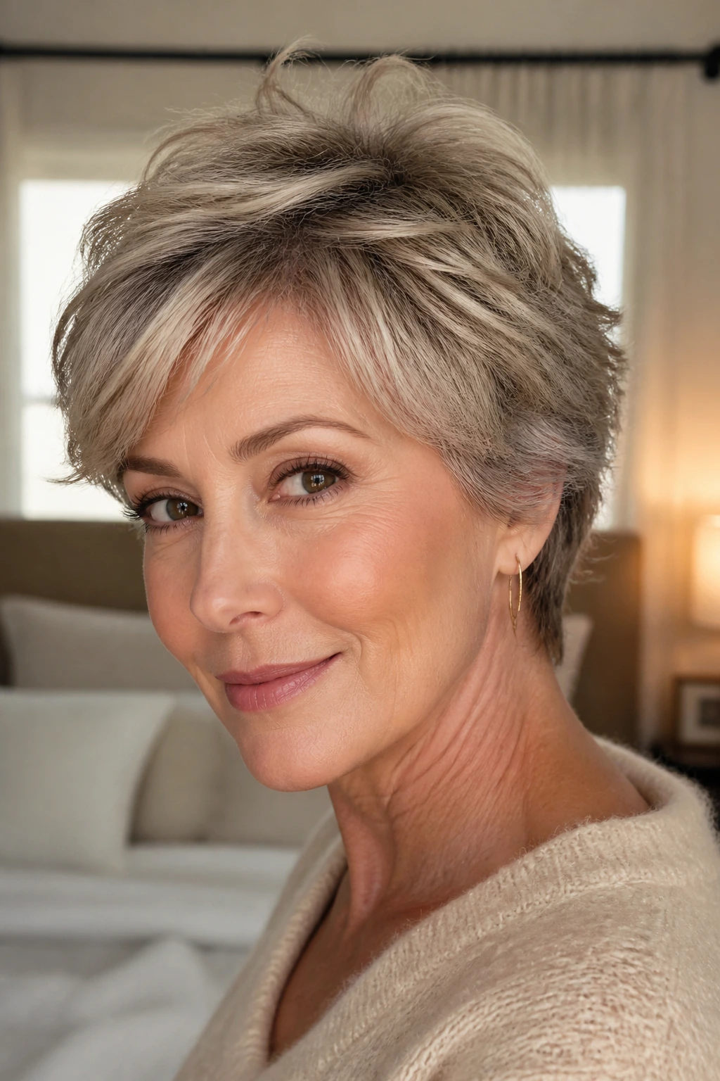 Close-up portrait of a real woman with a feathered crop hairstyle