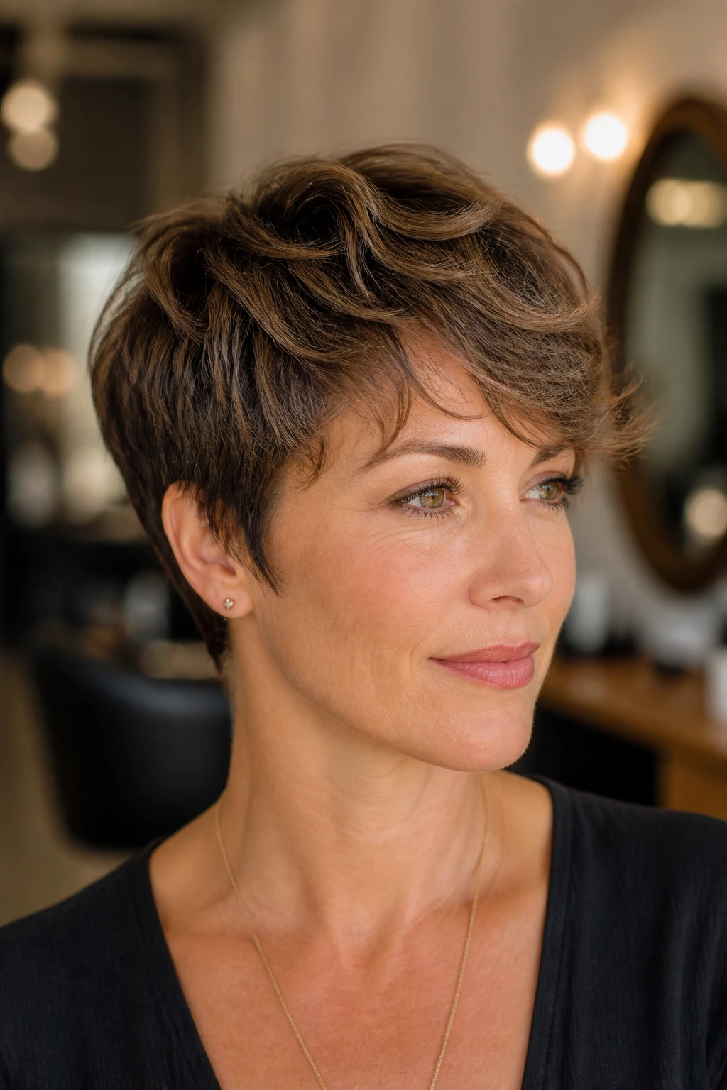 Close-up portrait of a real person with feathered crop and side-swept waves in a salon