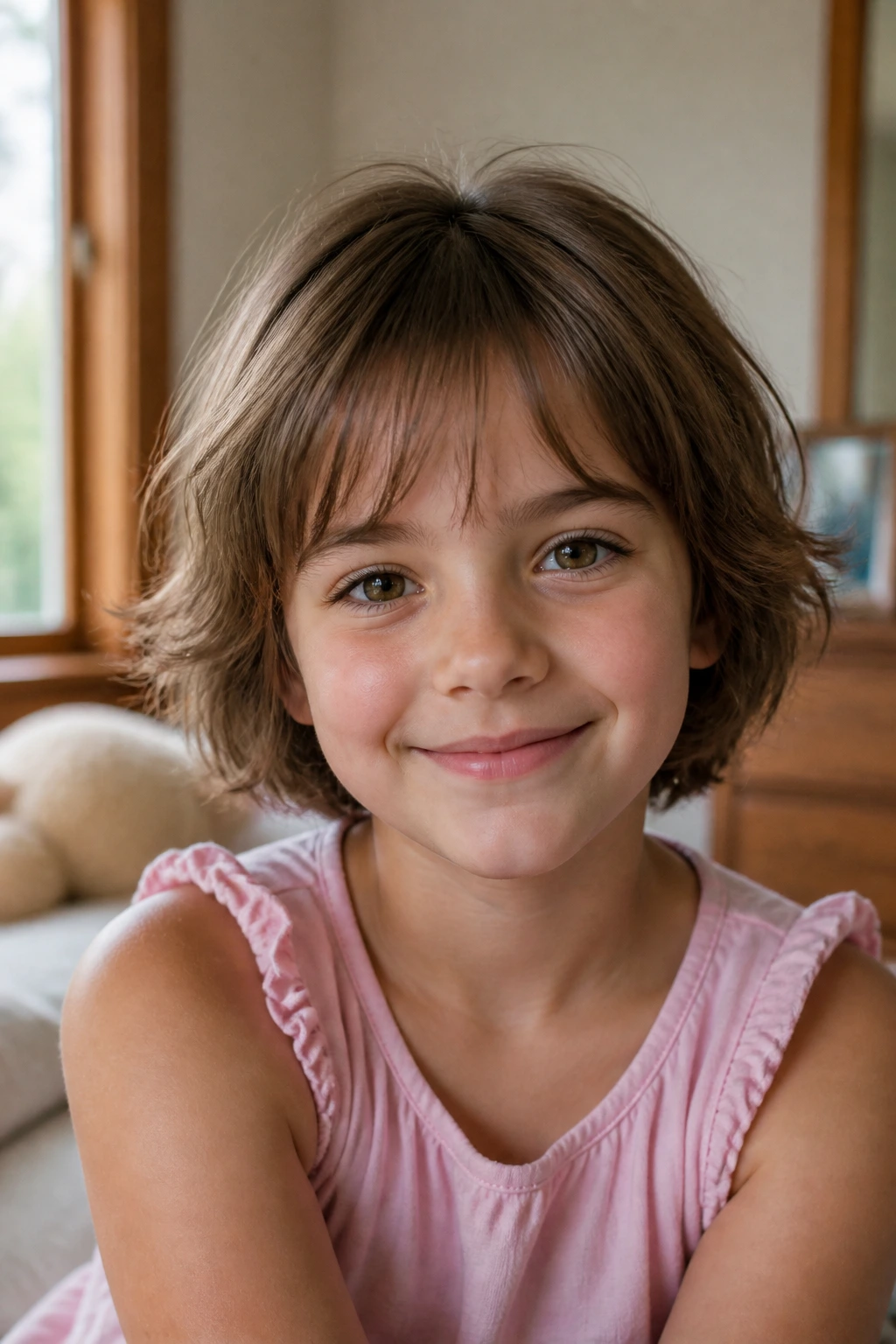 Child with feathered crop and wispy bangs in soft light