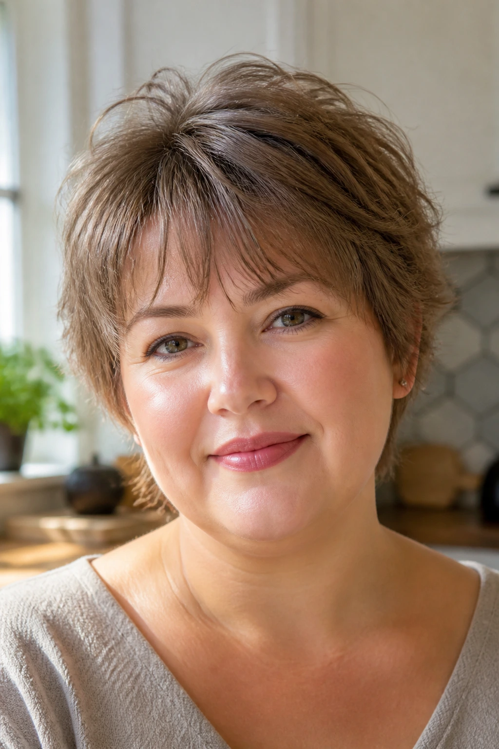 Close-up of a real person with feathered crop and wispy bangs in kitchen light