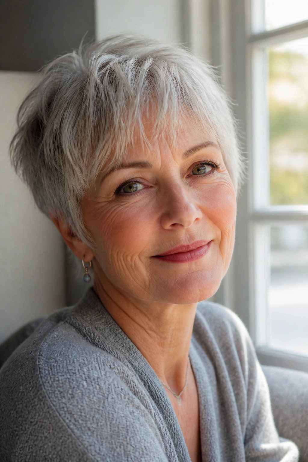 Portrait of a woman with a feathered crop and wispy bangs