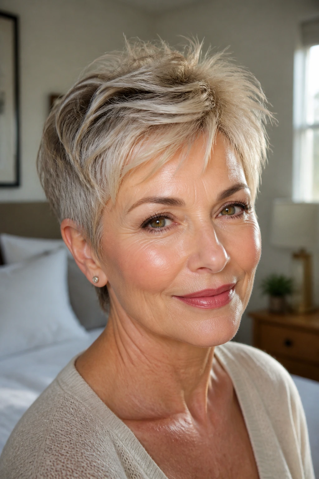 Close-up of a real woman with a feathered crop and wispy ends