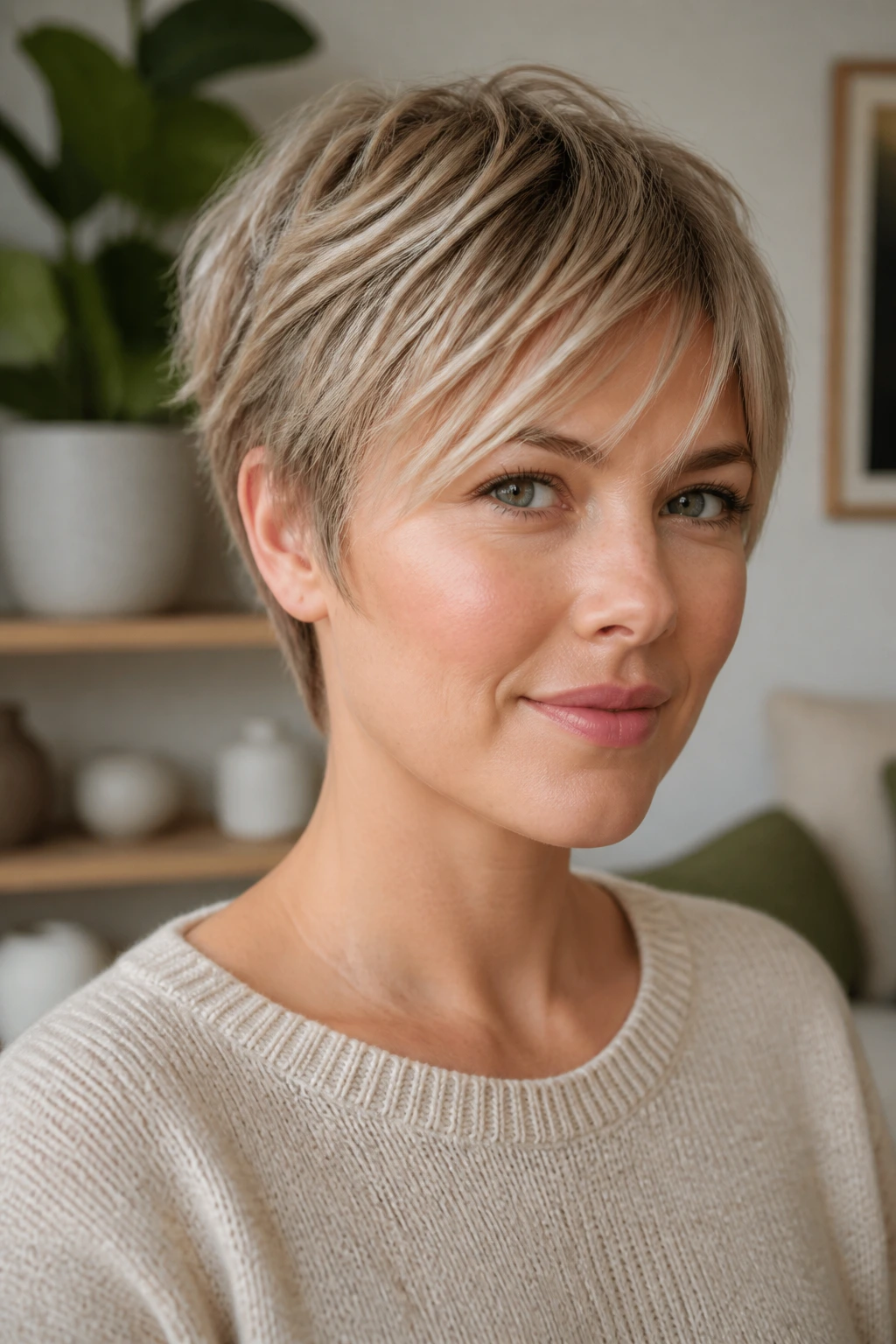 Close-up portrait of a woman with a feathered crop and wispy fringe in a bright living room