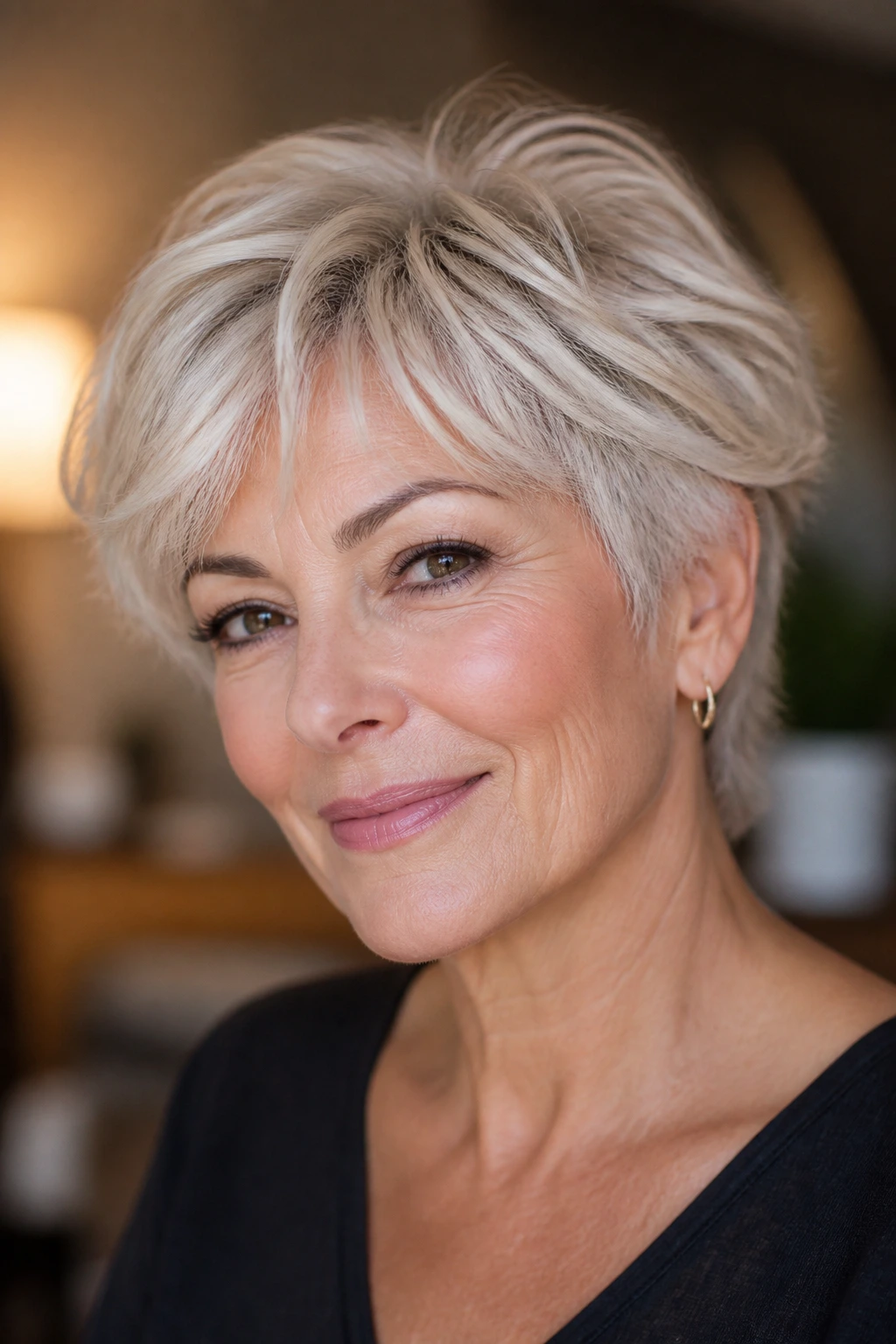 Real woman with feathered crop and wispy layers portrait