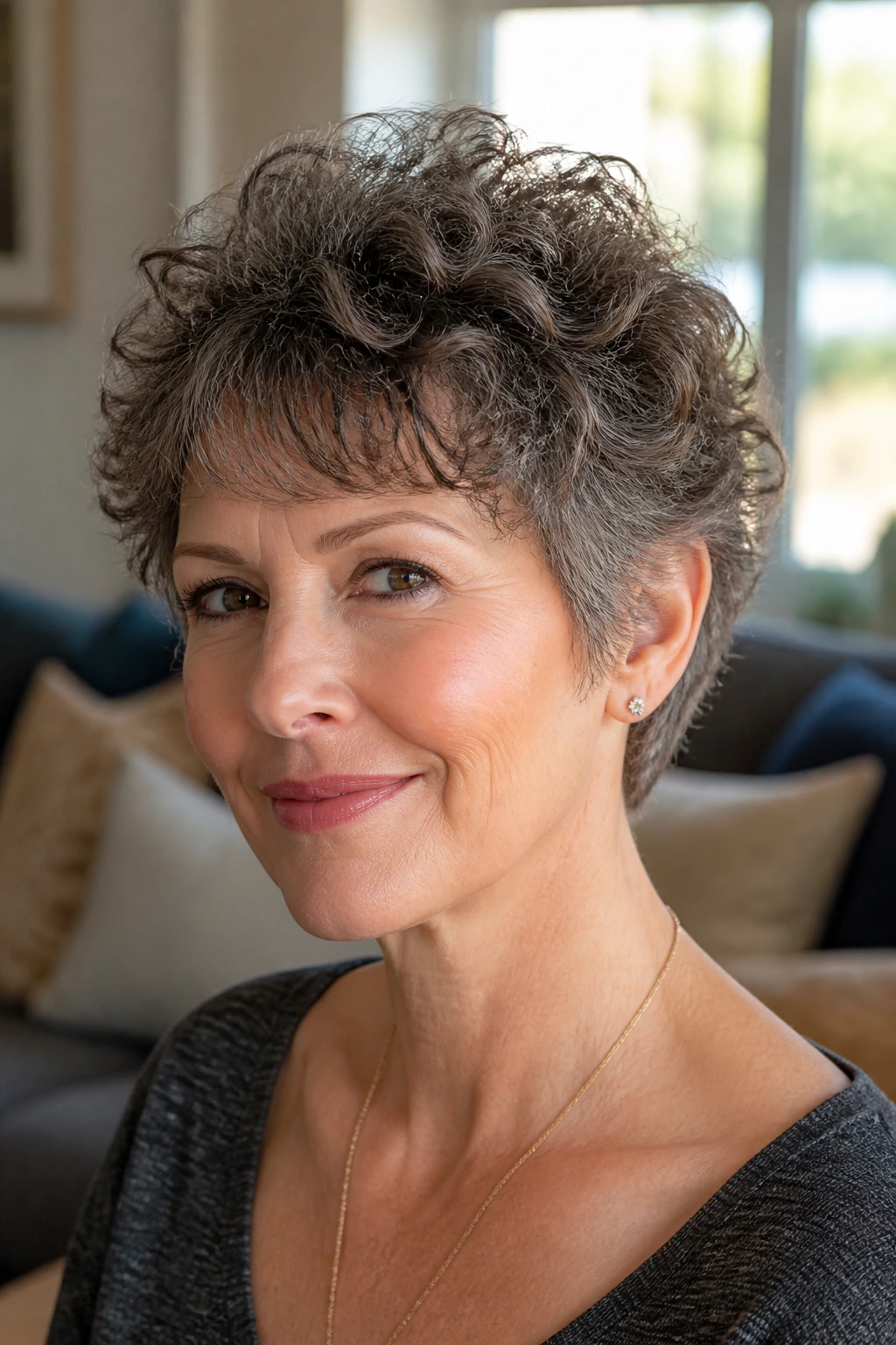 Close-up of a real woman with a feathered crown crop lifting at the top, soft halo of curls