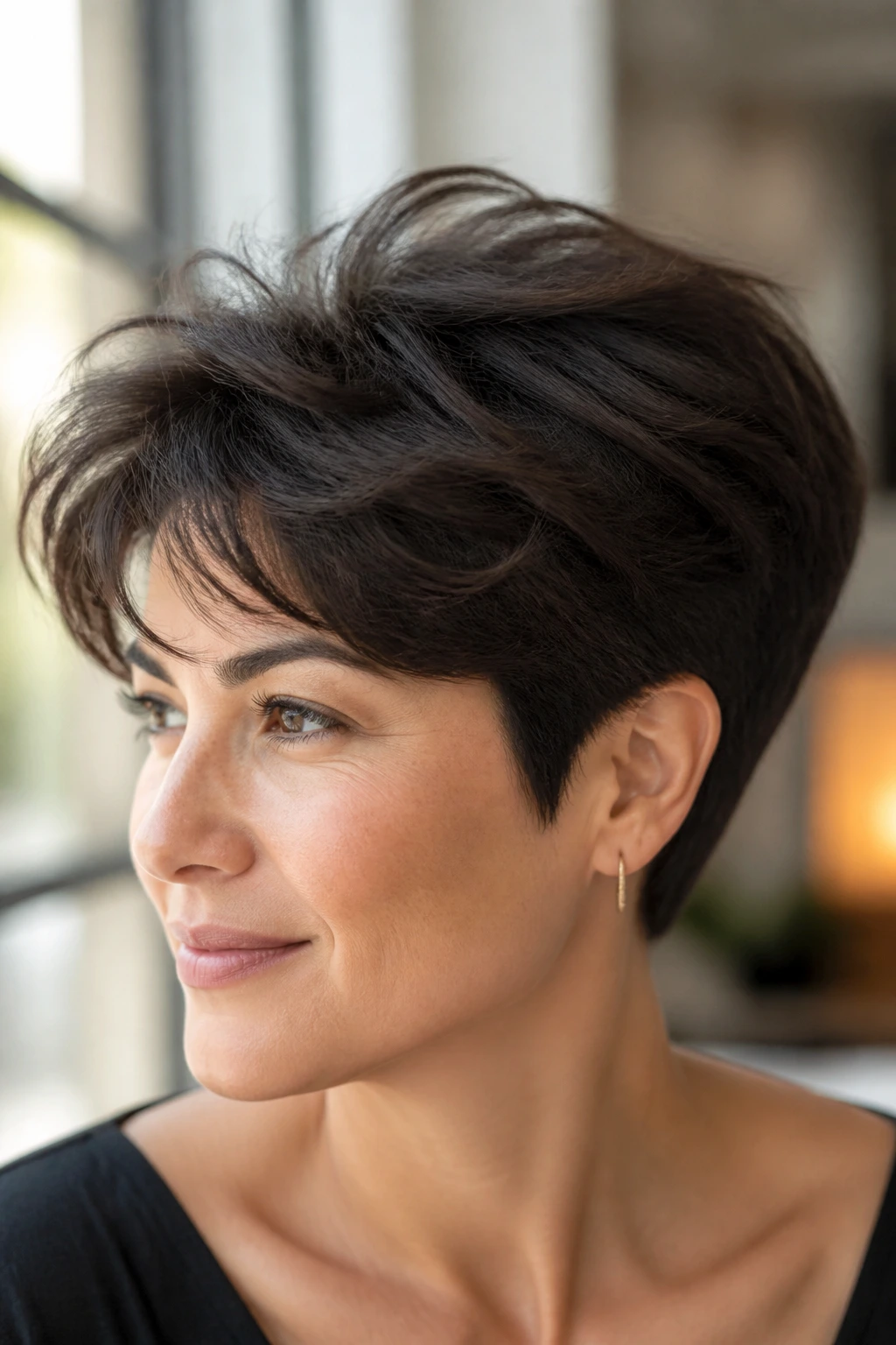 Real person with feathered crown layers in a pixie, airy light look