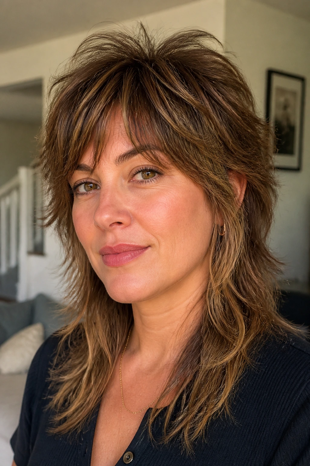 Close-up of a real woman with feathered crown-lift mullet showing lifted crown and airy texture