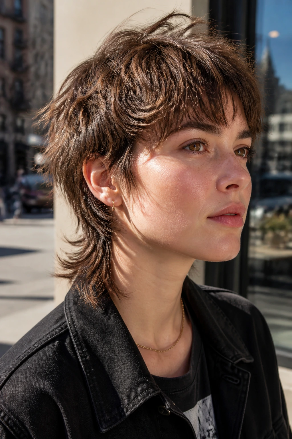 Portrait of a person with feathered crown mullet showing feathered crown and slim nape.