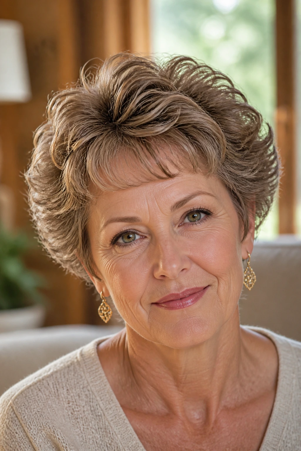 Close-up portrait of a woman with a feathered crown perm highlighting lifted crown and airy fringe