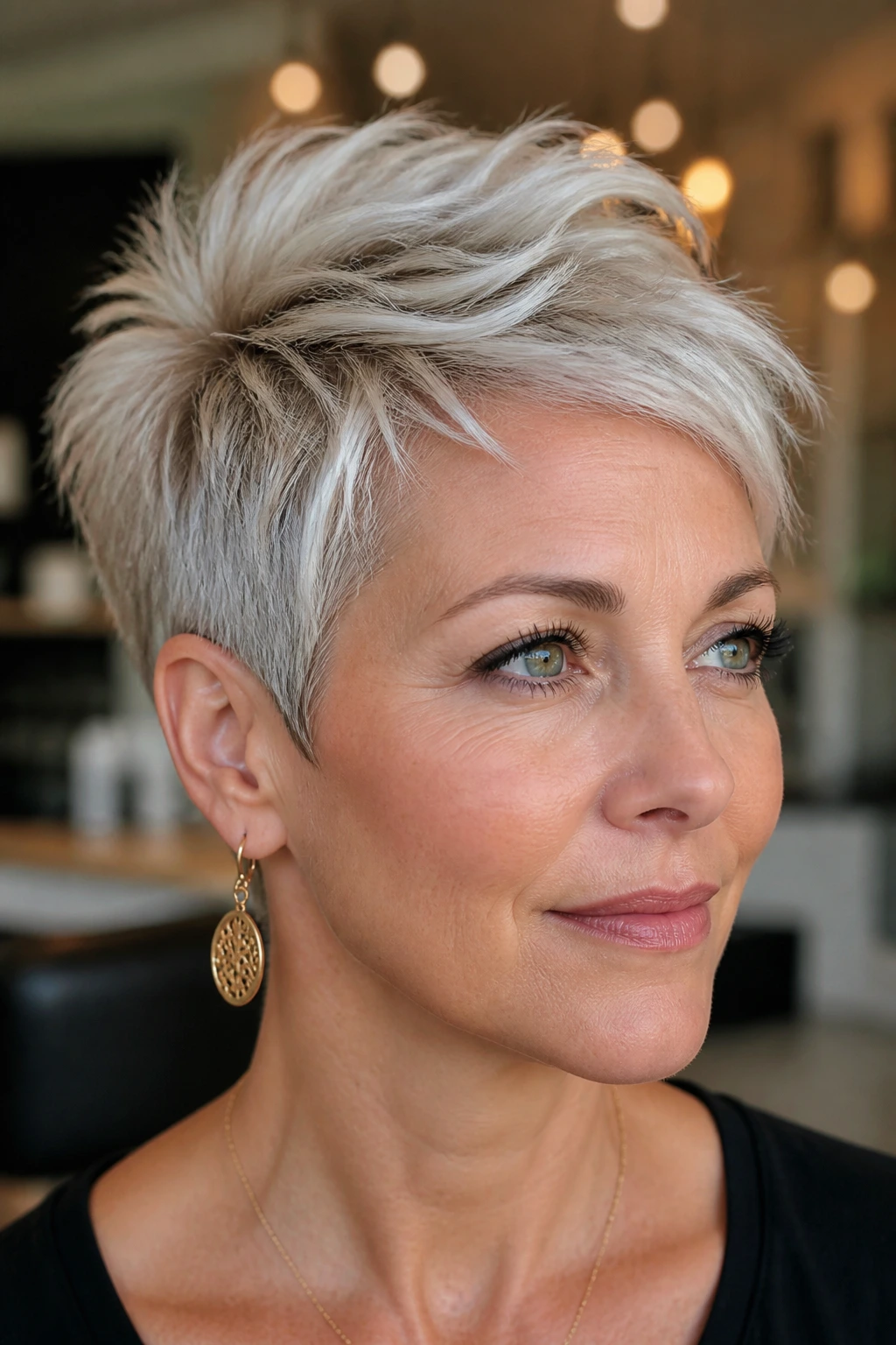 Close-up of a real woman with a feathered crown pixie