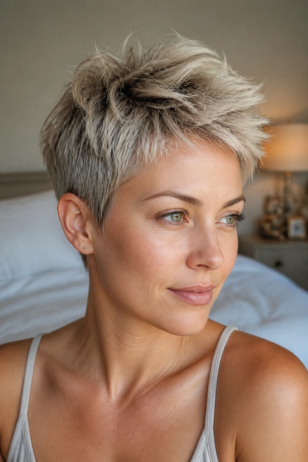 Close-up of a real woman with a feathered crown pixie, crown lifted and feathered in warm bedroom light