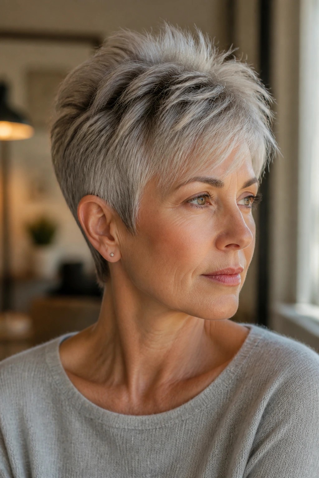 Portrait of a real person with feathered gray pixie showing crown volume