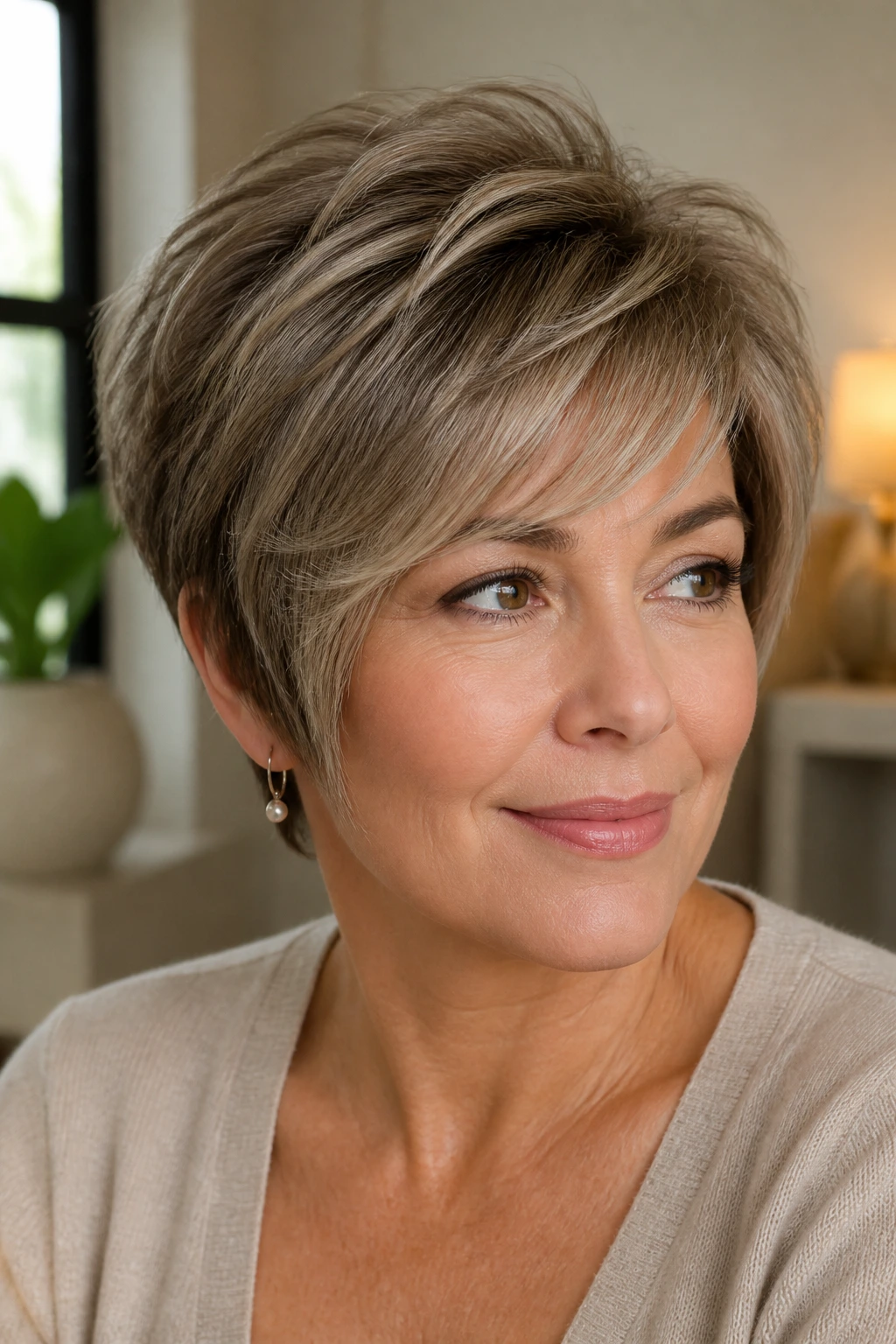 Portrait of a woman with feathered crown pixie bob in soft light