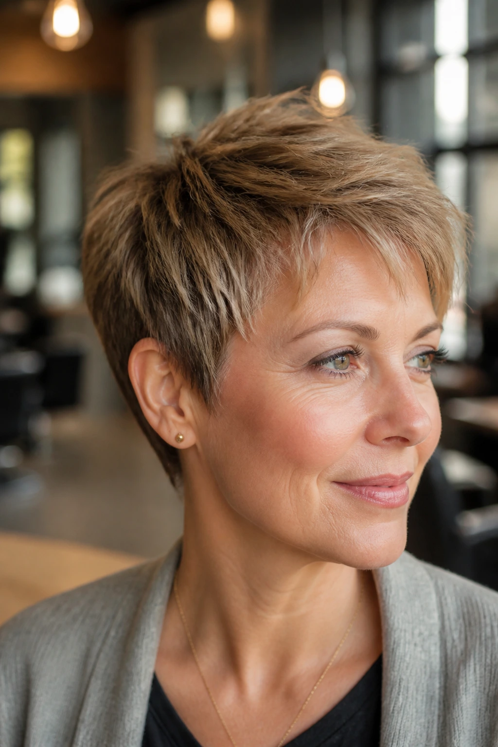 Close-up of a real woman with feathered crown pixie showing soft lift and movement