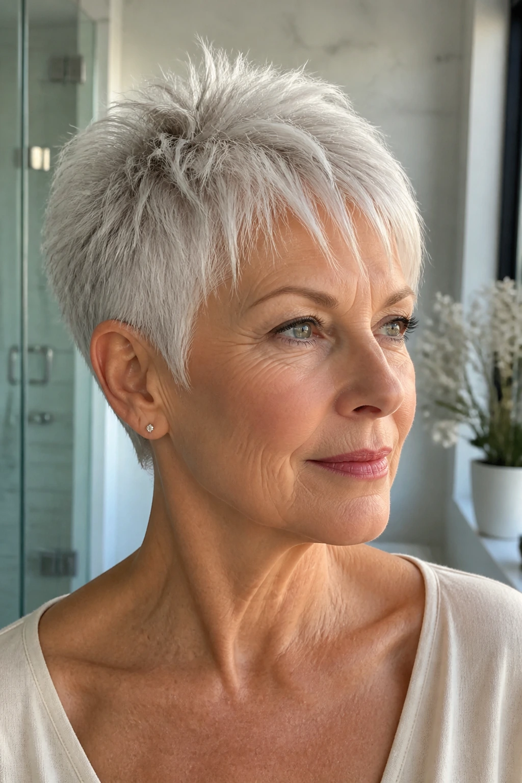 Real woman with feathered crown pixie lifting flat hair.