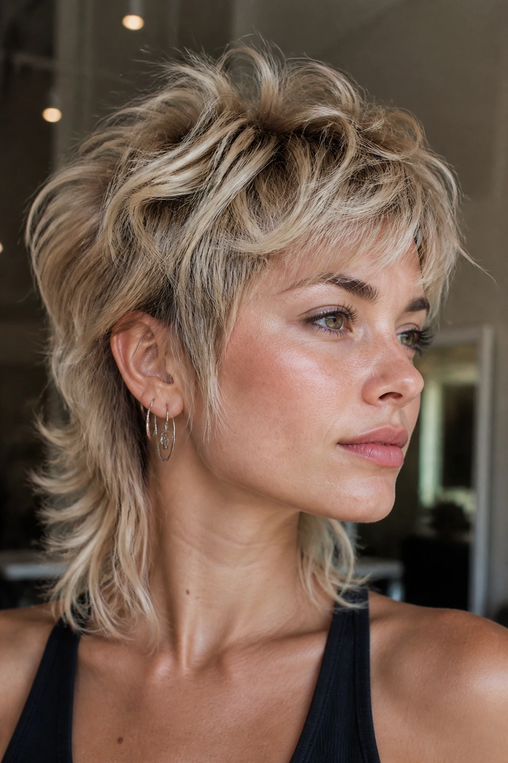 Close-up portrait of a real person with feathered crown and mullet back in soft, natural light.