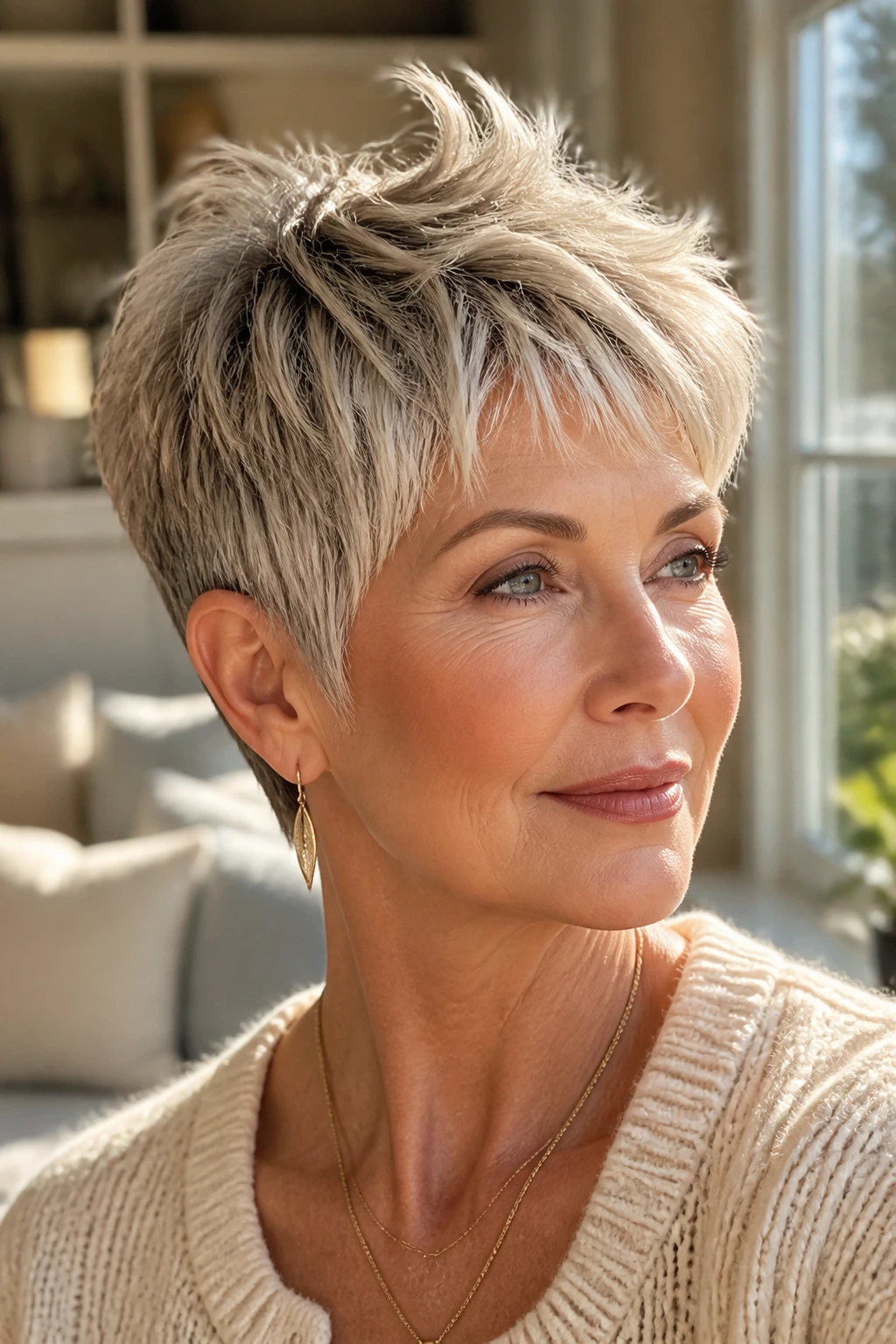 Portrait of a real woman with feathered crown pixie under sunlight