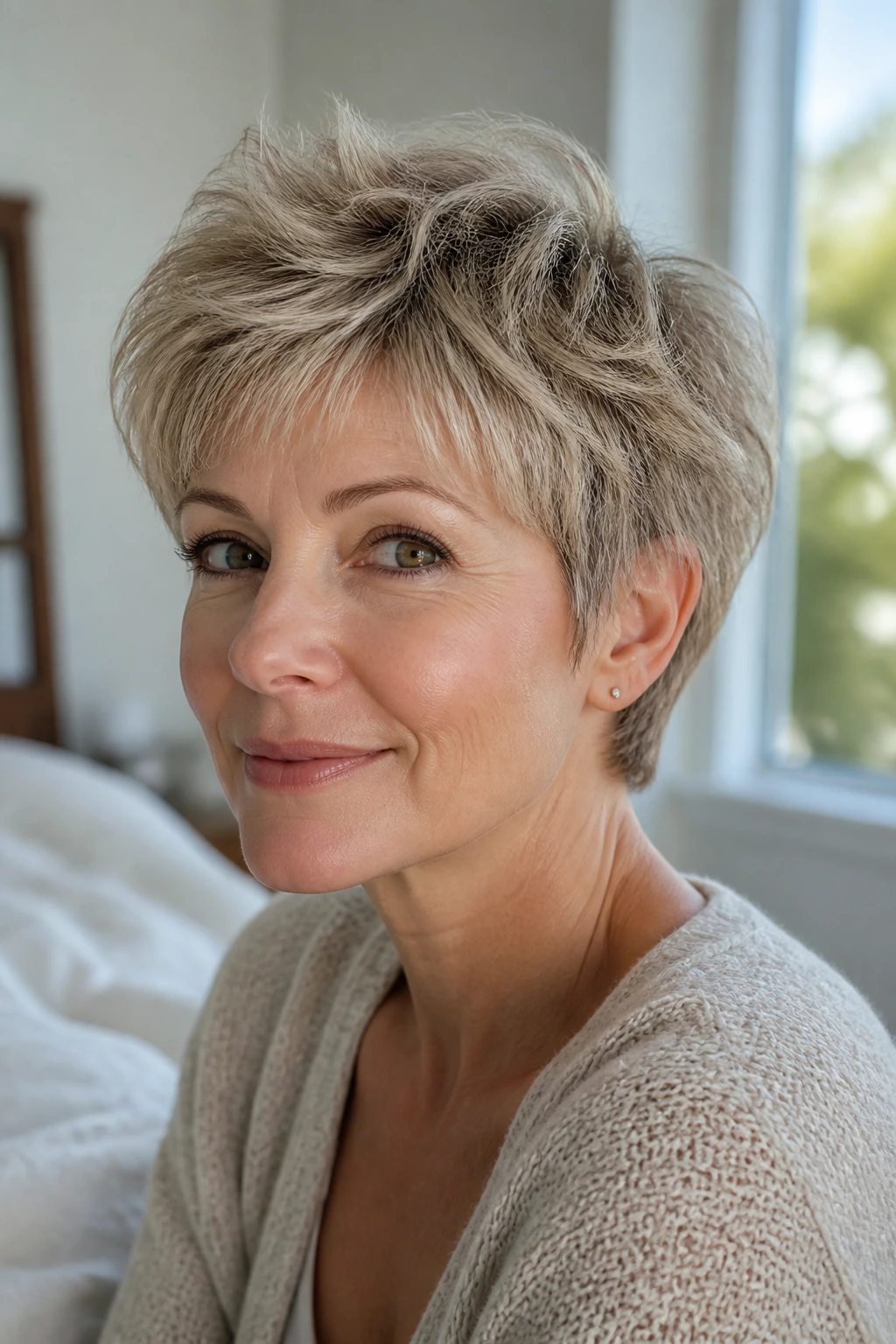 Close-up of a real person with feathered crown pixie showing lifted crown layers