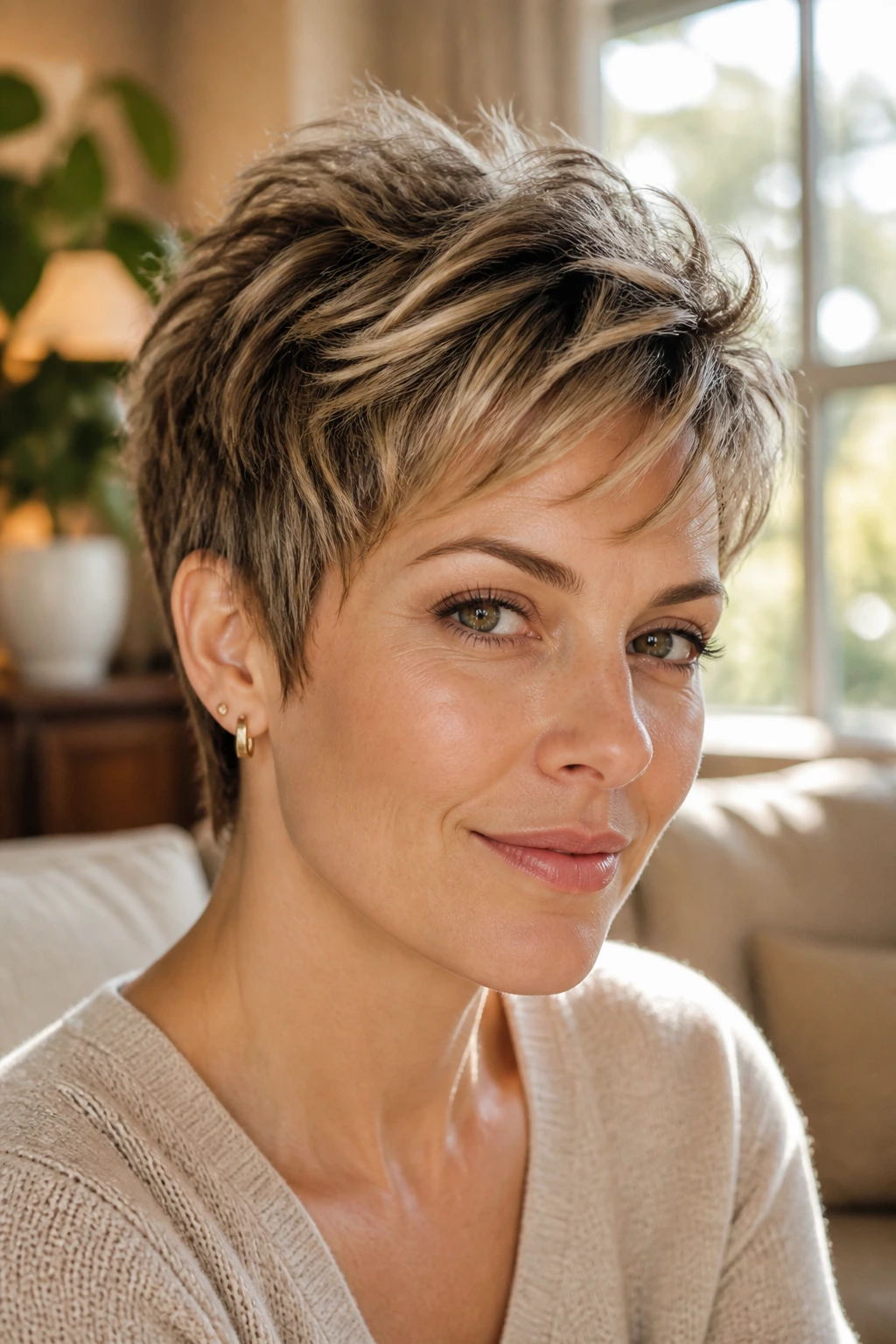 Real woman with feathered crown pixie and lifted crown in natural light