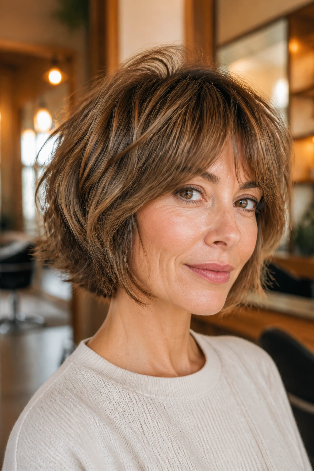 Close-up of real woman with feathered crown shag bob in a softly lit salon