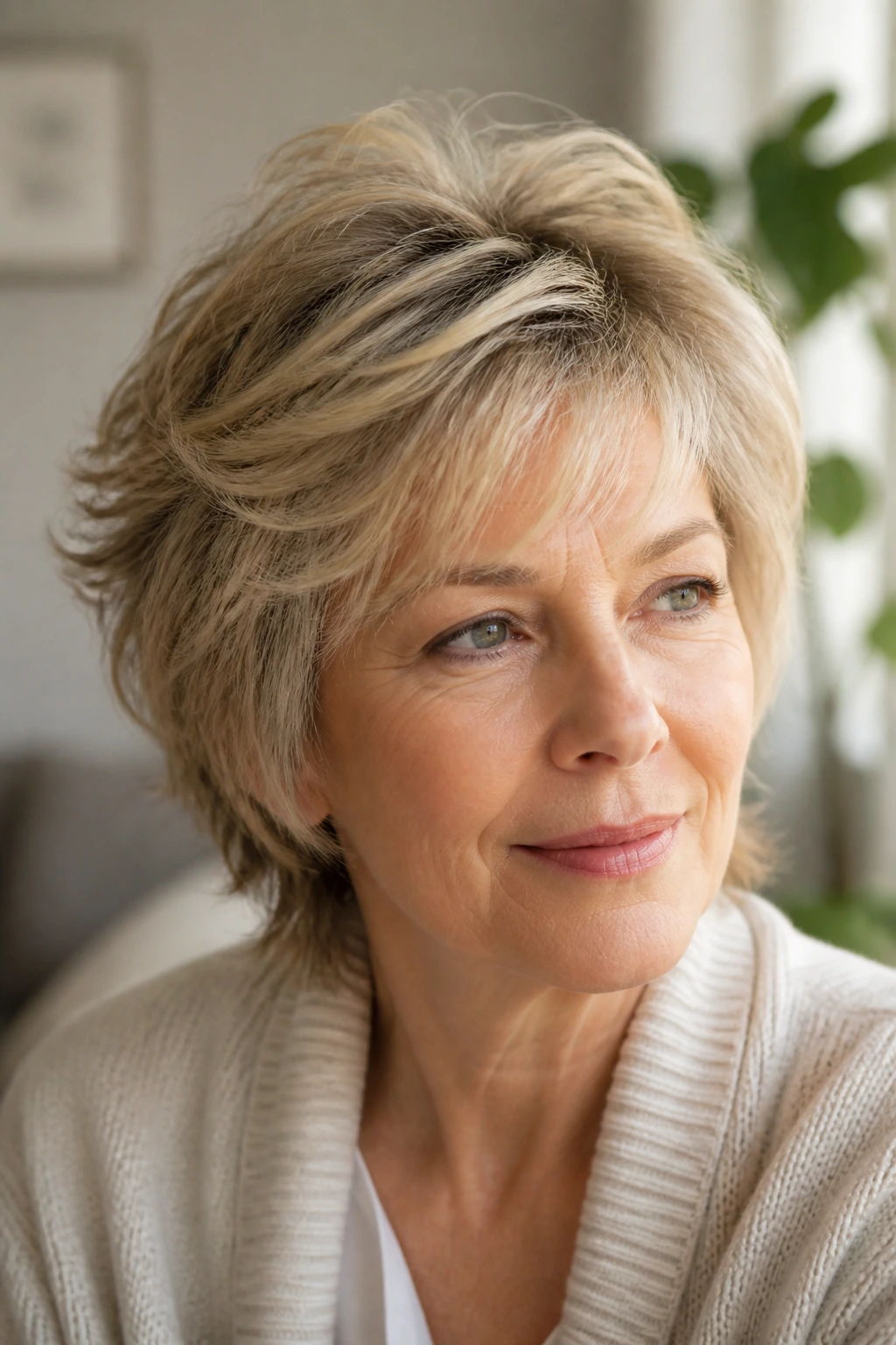 Close-up of a real woman with feathered crown shag hairstyle