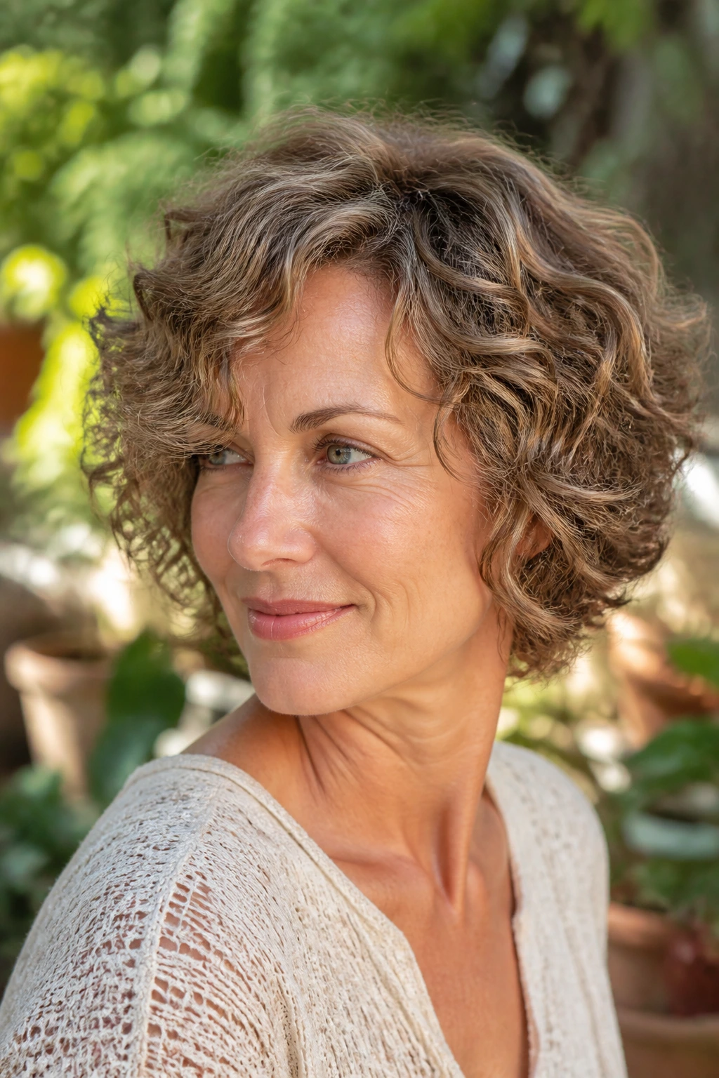 Portrait of a real woman with a feathered cut for wavy or curly hair showing soft movement.