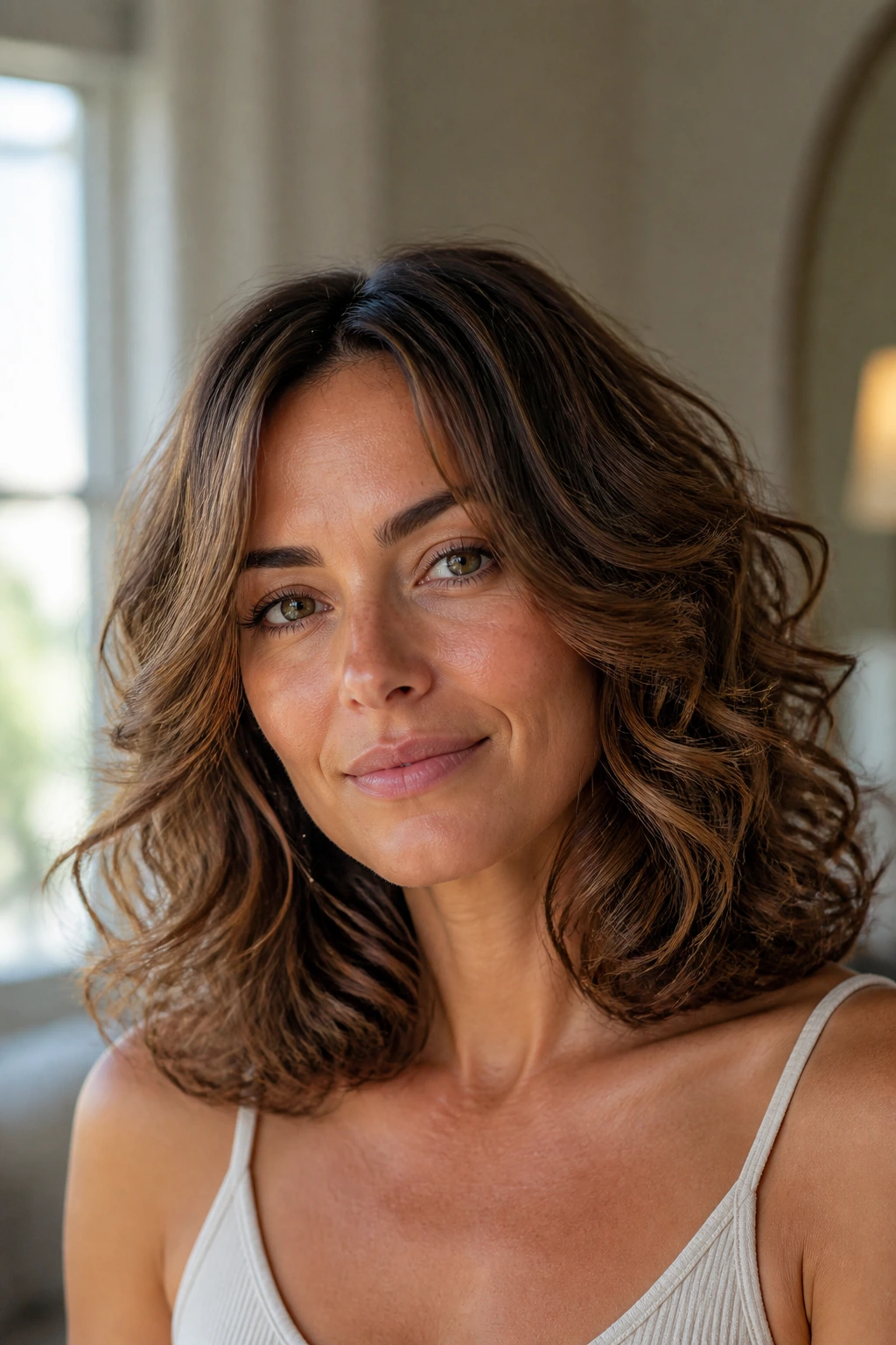 Close-up portrait of a real woman with shoulder-length feathered curls and rounded ends