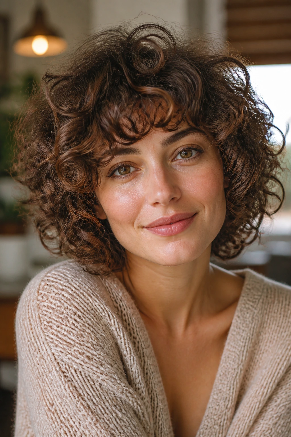 Close-up portrait of a real woman with feathered curly cut round silhouette
