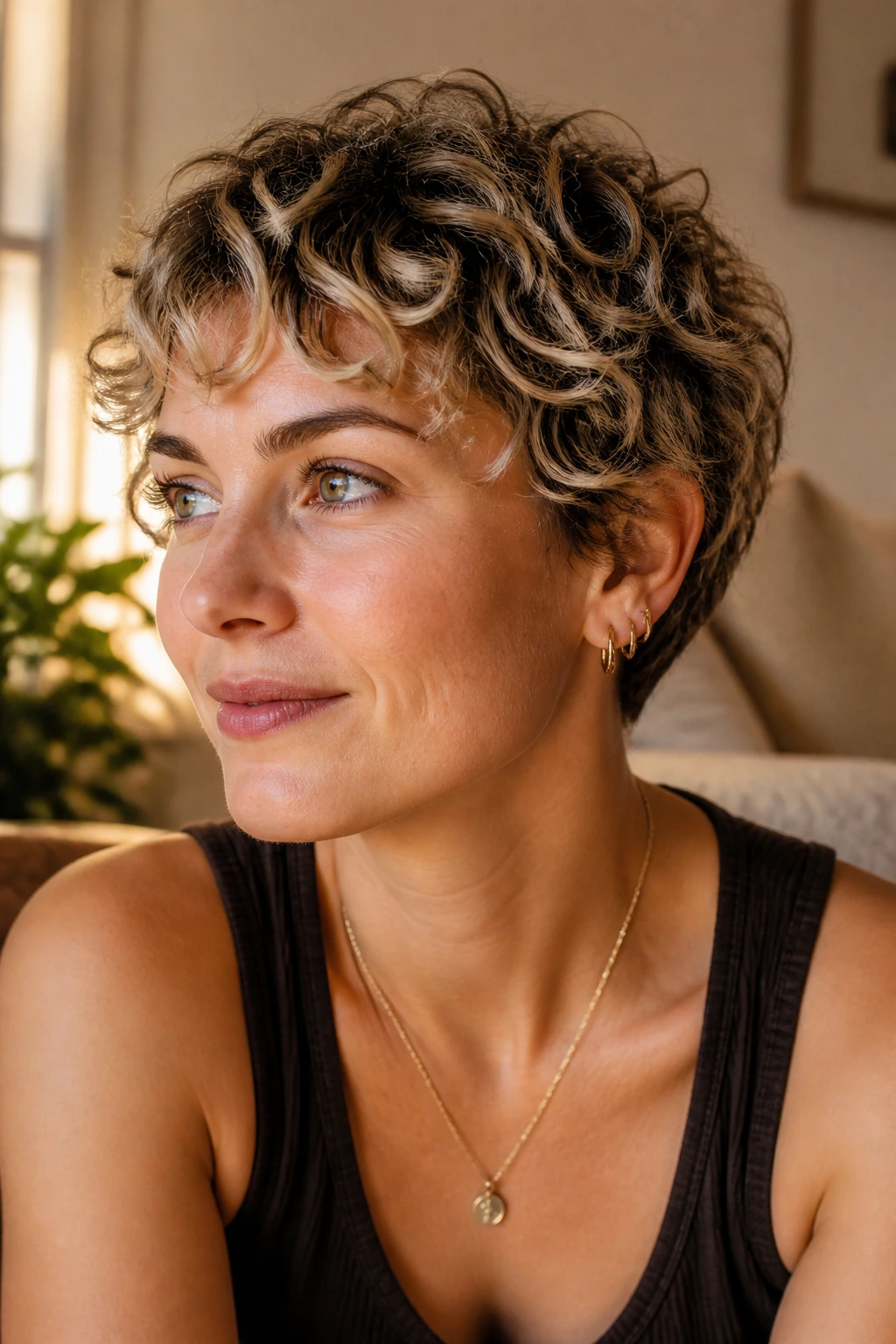 Close-up of real woman with feathered curly pixie hair in warm light
