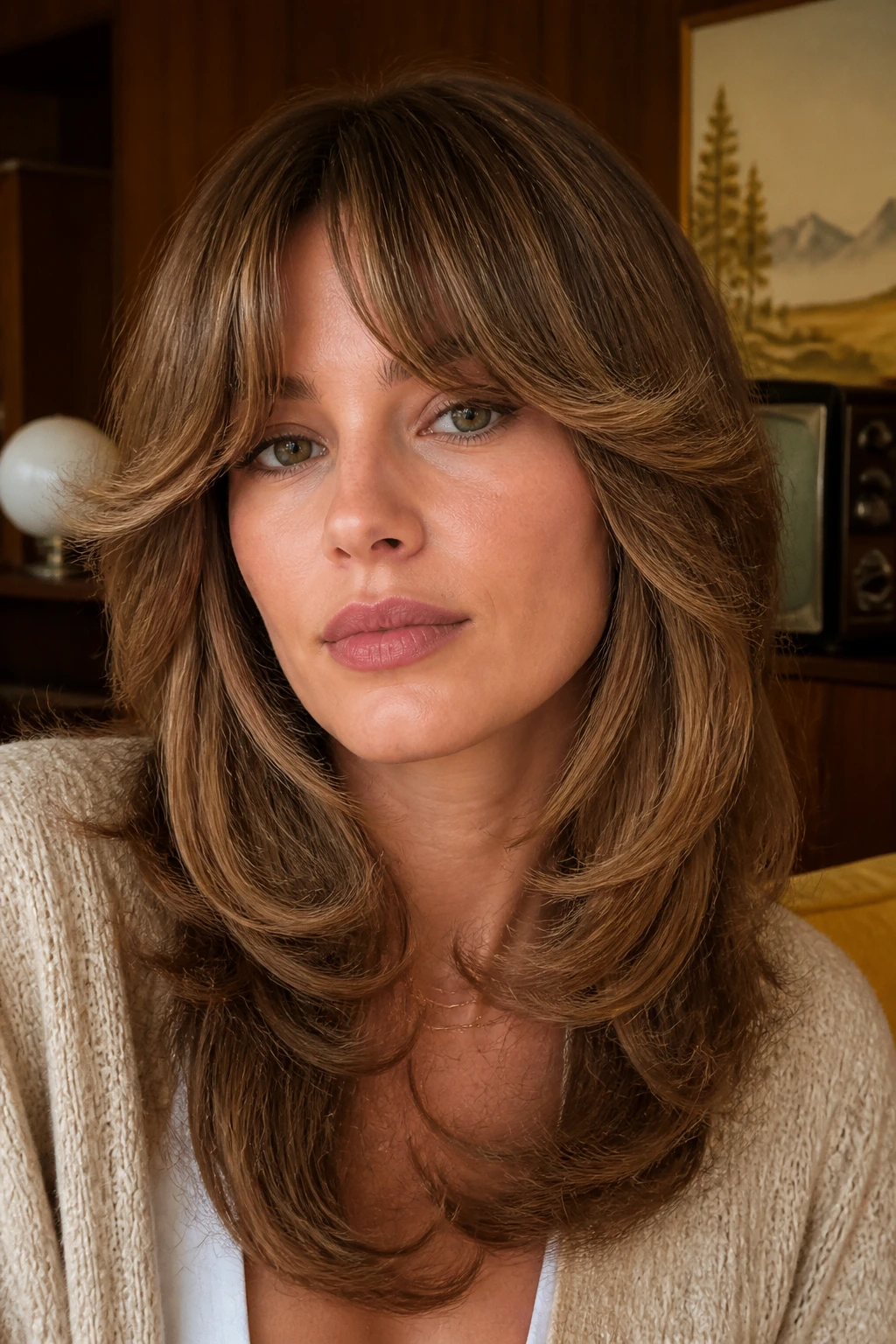 Close-up portrait of a real woman with feathered curtain bangs in a retro-styled room