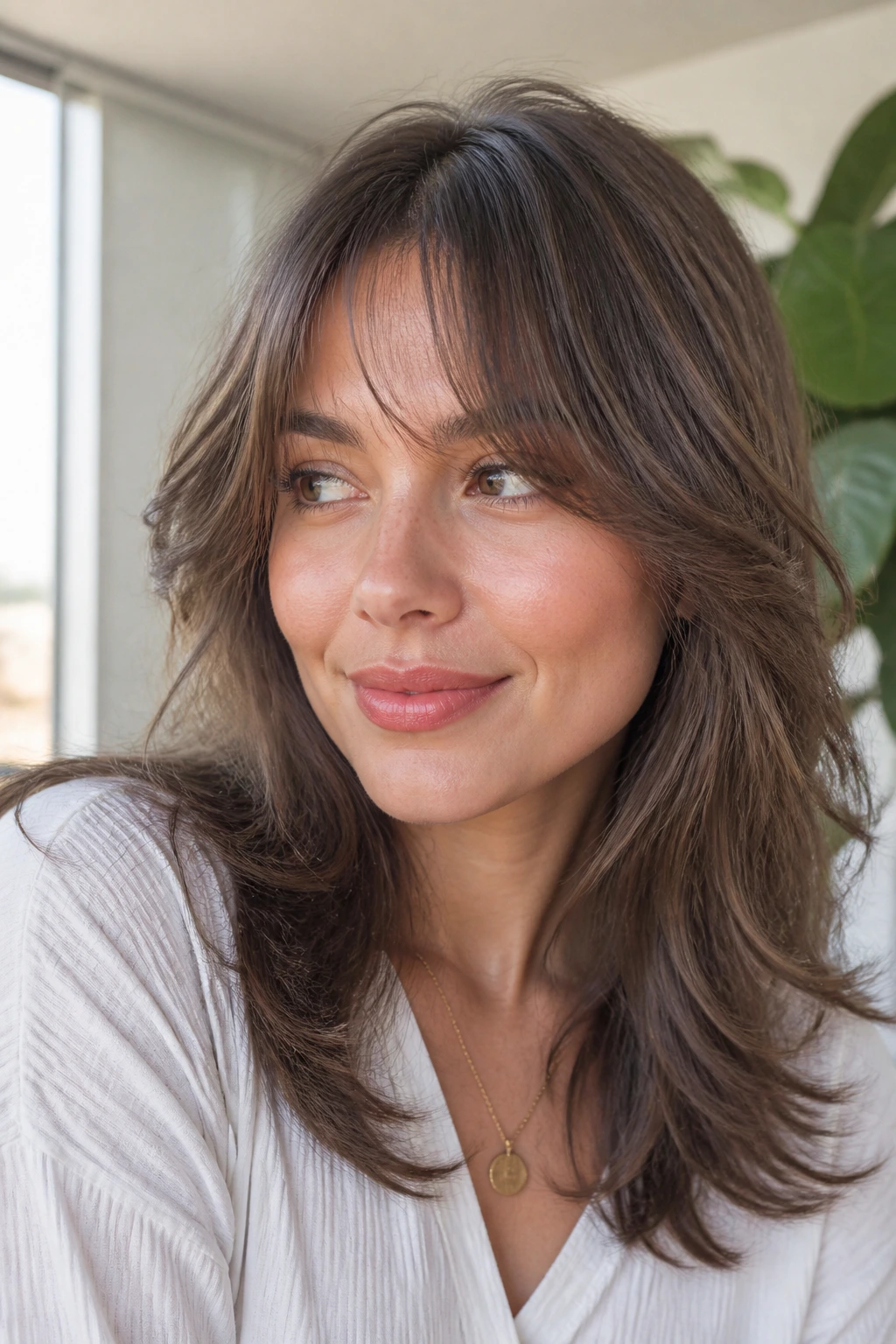 Close-up portrait of a real woman with feathered curtain bangs for fine hair.