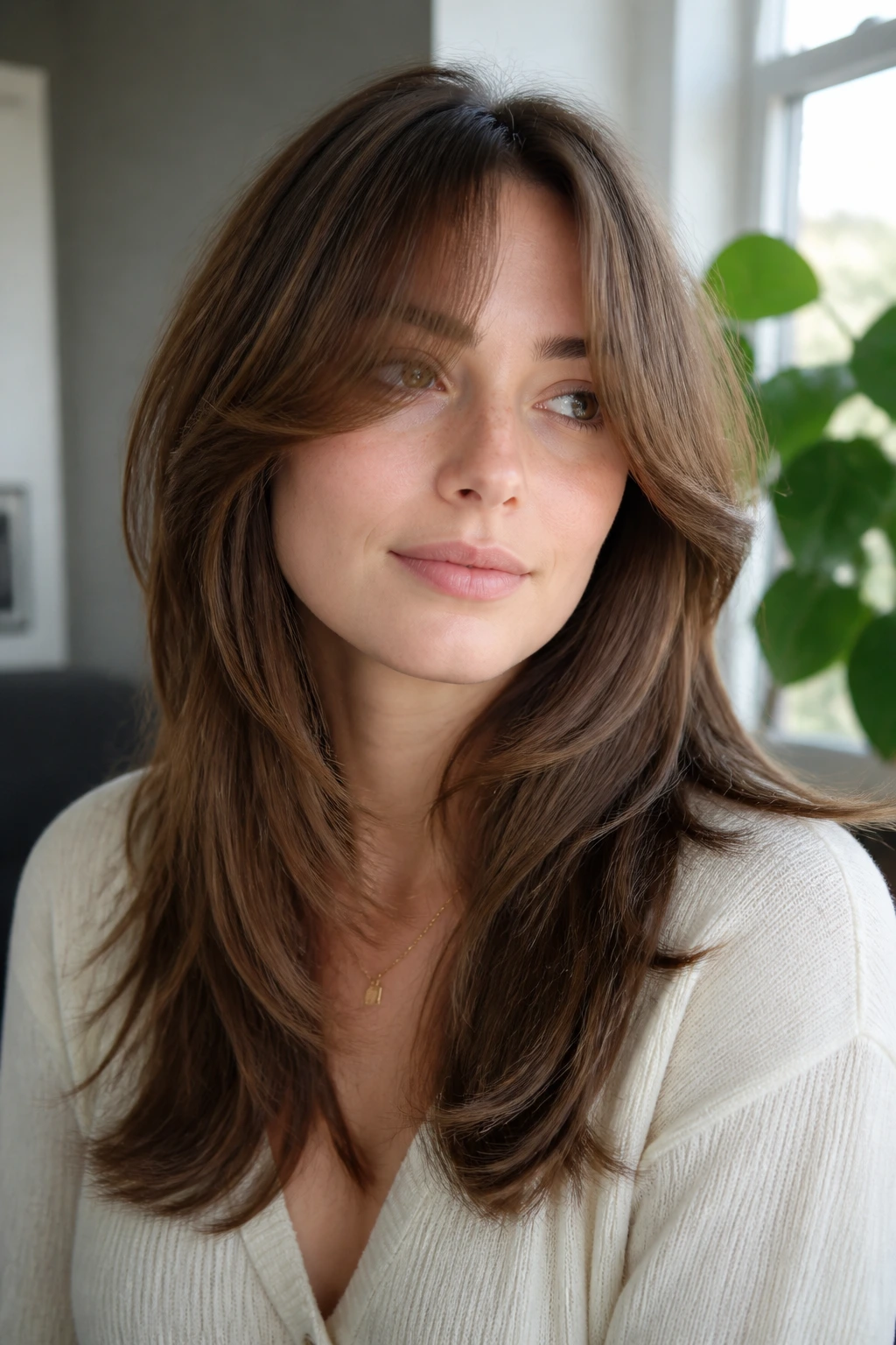 Medium close-up of a real person with feathered curtain bangs in bright natural light