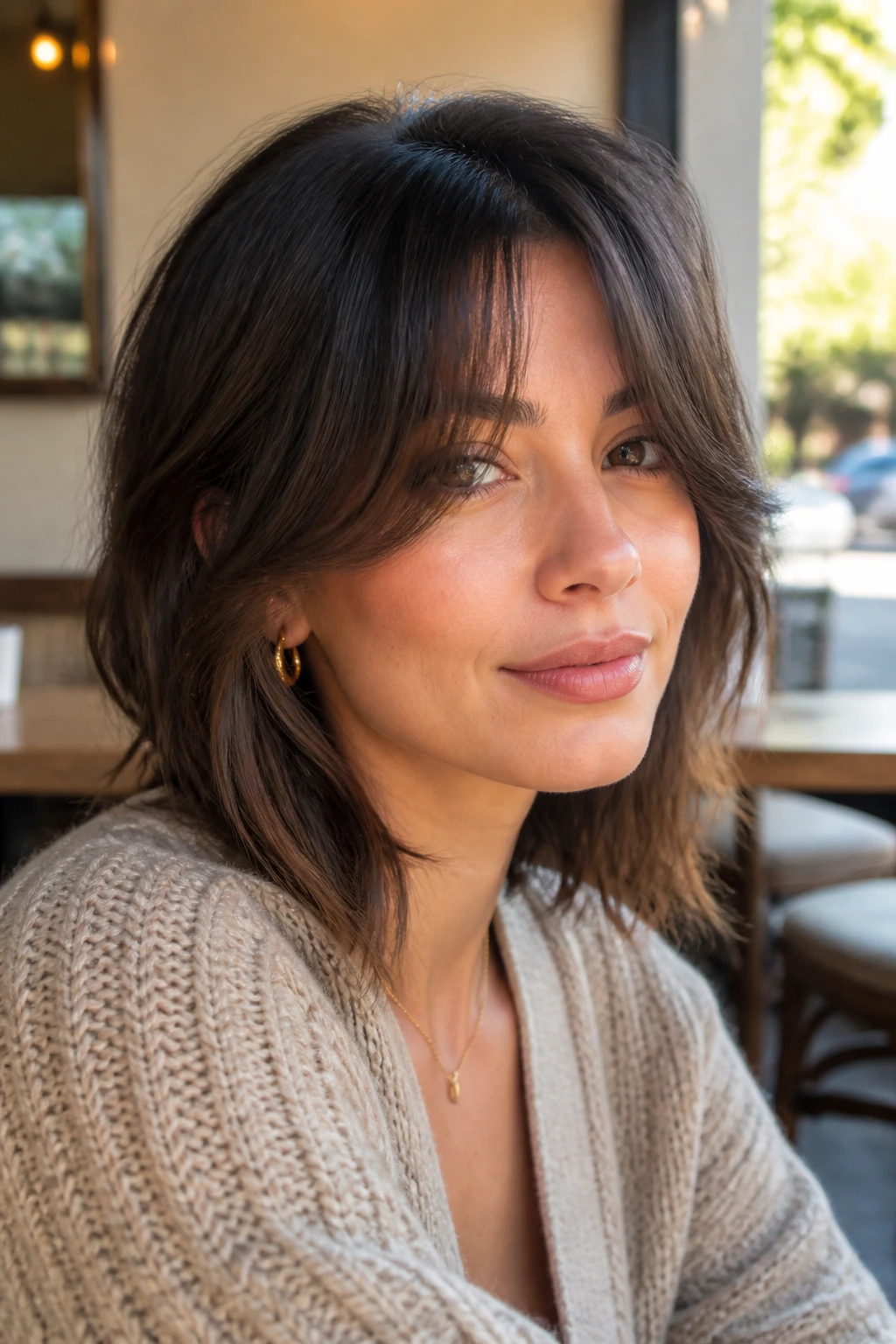 Real person with feathered curtain bangs on layered lob