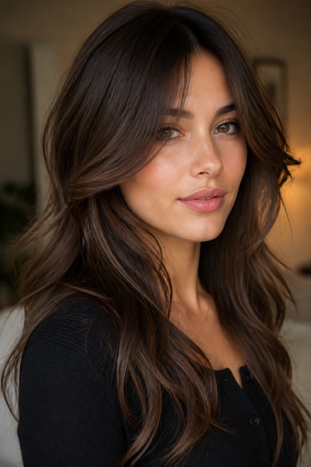 Close-up of feathered curtain bangs on long hair on a real person