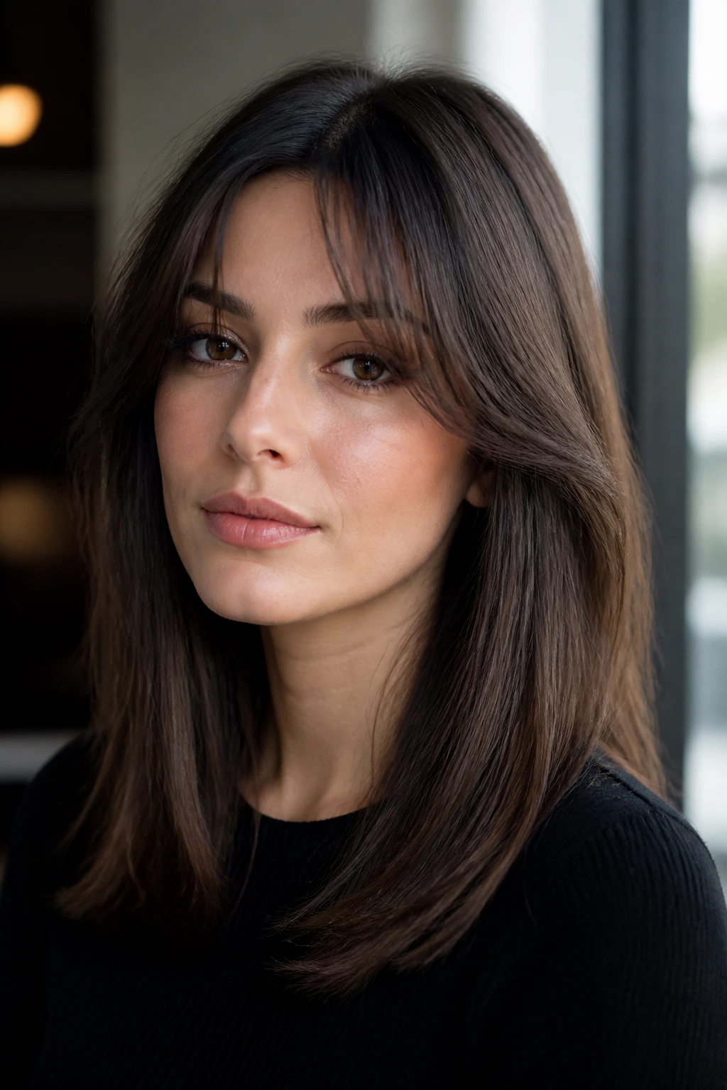 Portrait of a woman with feathered curtain bangs and sleek mid-length ends