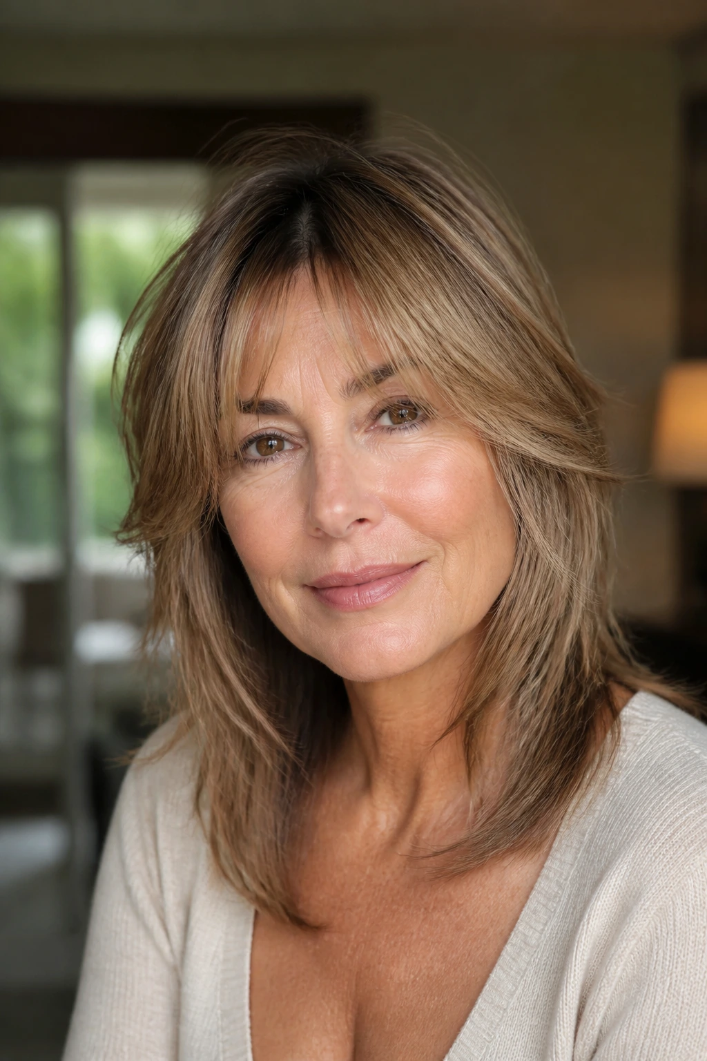 Portrait of a woman with feathered curtain bangs in soft daylight