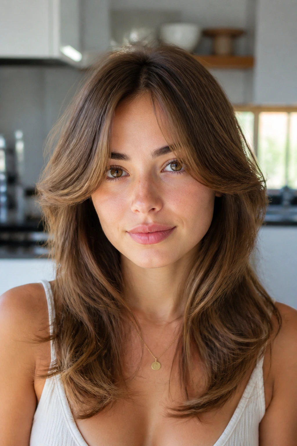 Portrait of a woman with feathered curtain bangs and a center part