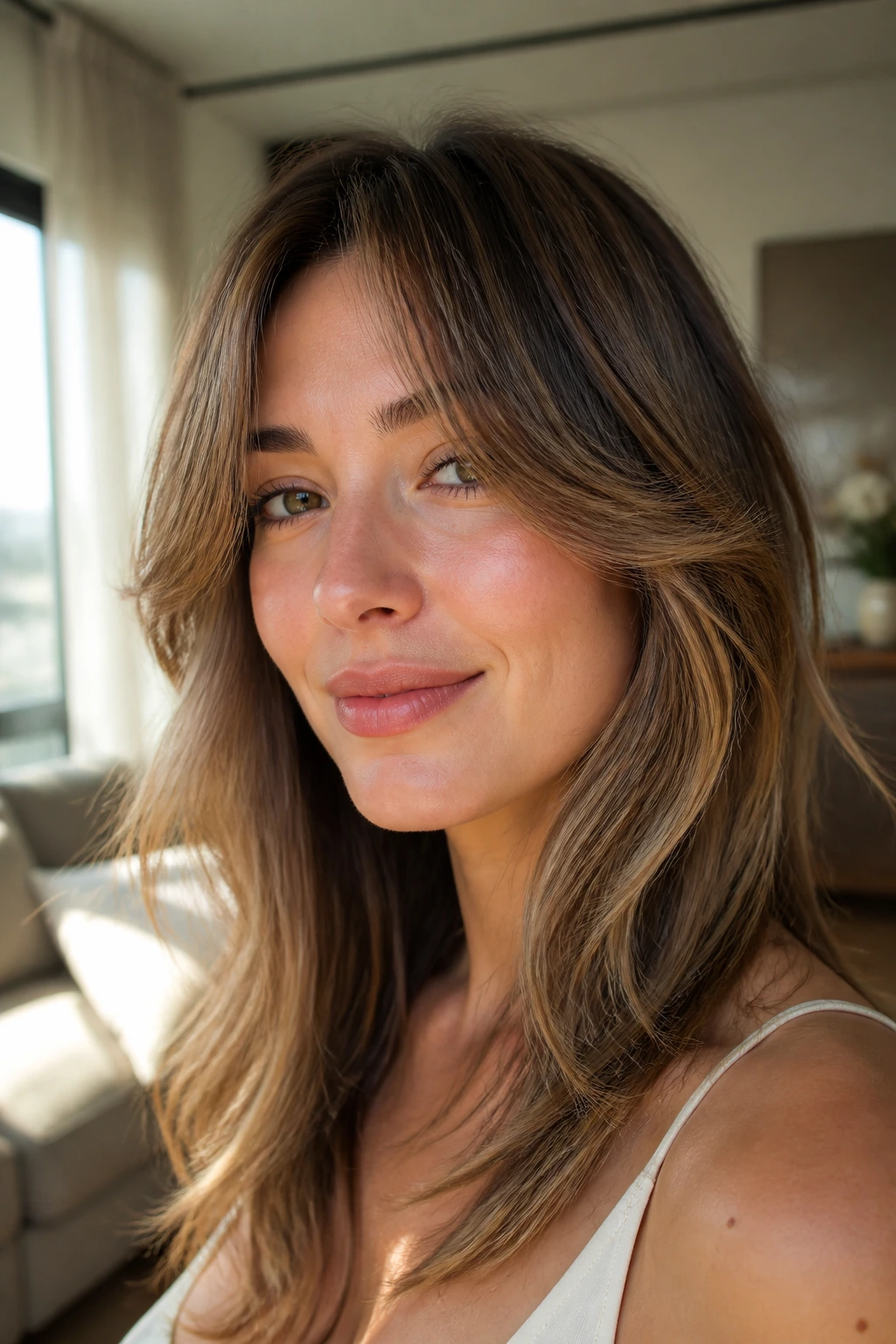 Close-up of a woman with feathered curtain bangs opening at the cheekbones.