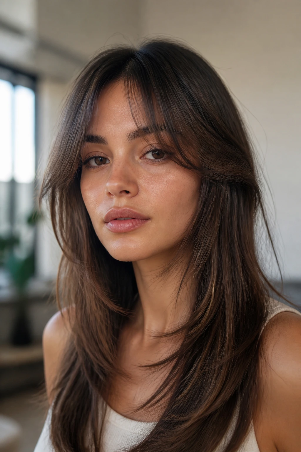 Close-up of a real woman with feathered curtain wispy bangs sweeping toward the cheeks