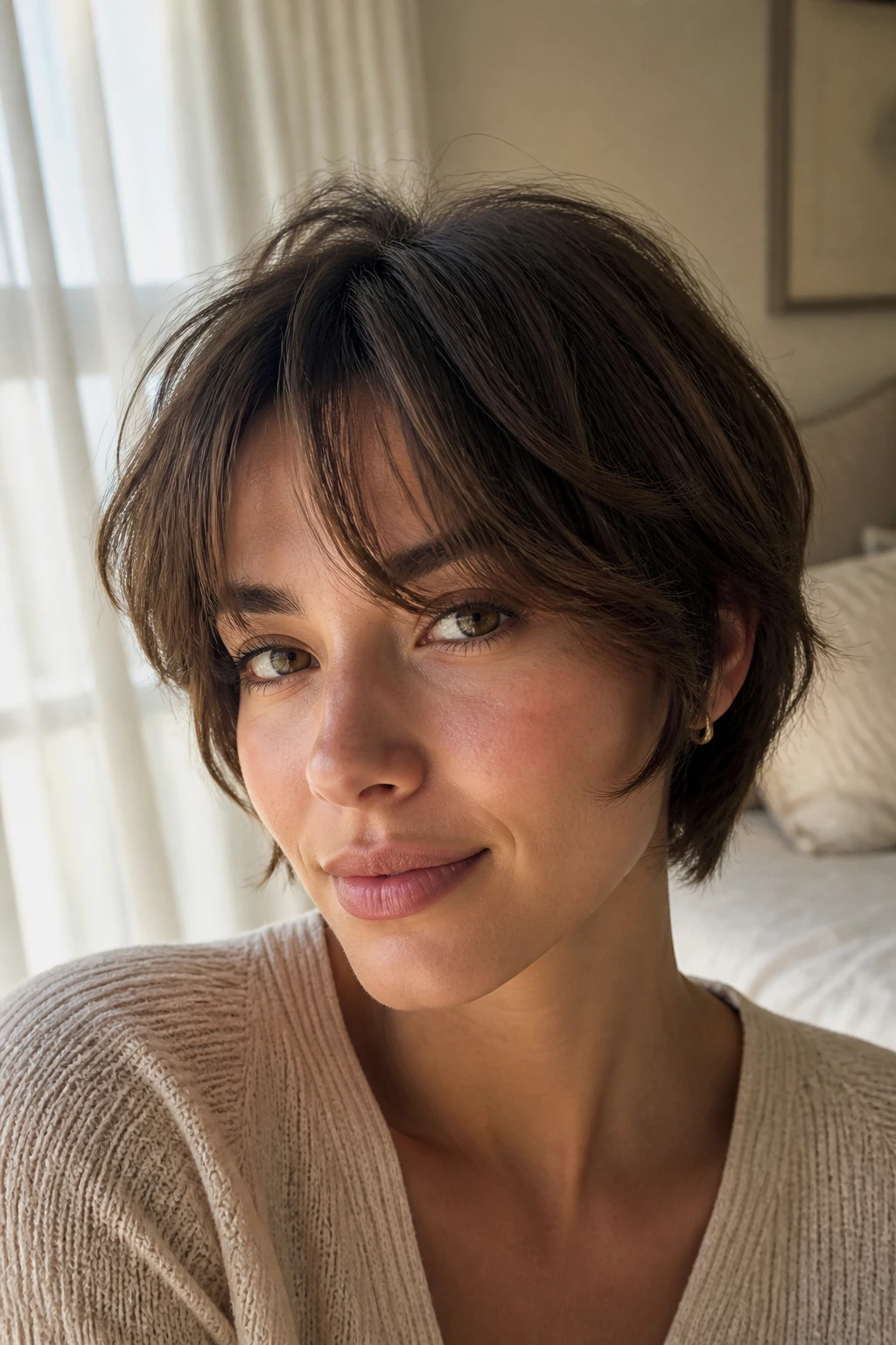 Close-up portrait of a woman with feathered curtain bangs on a pixie bob in warm window light