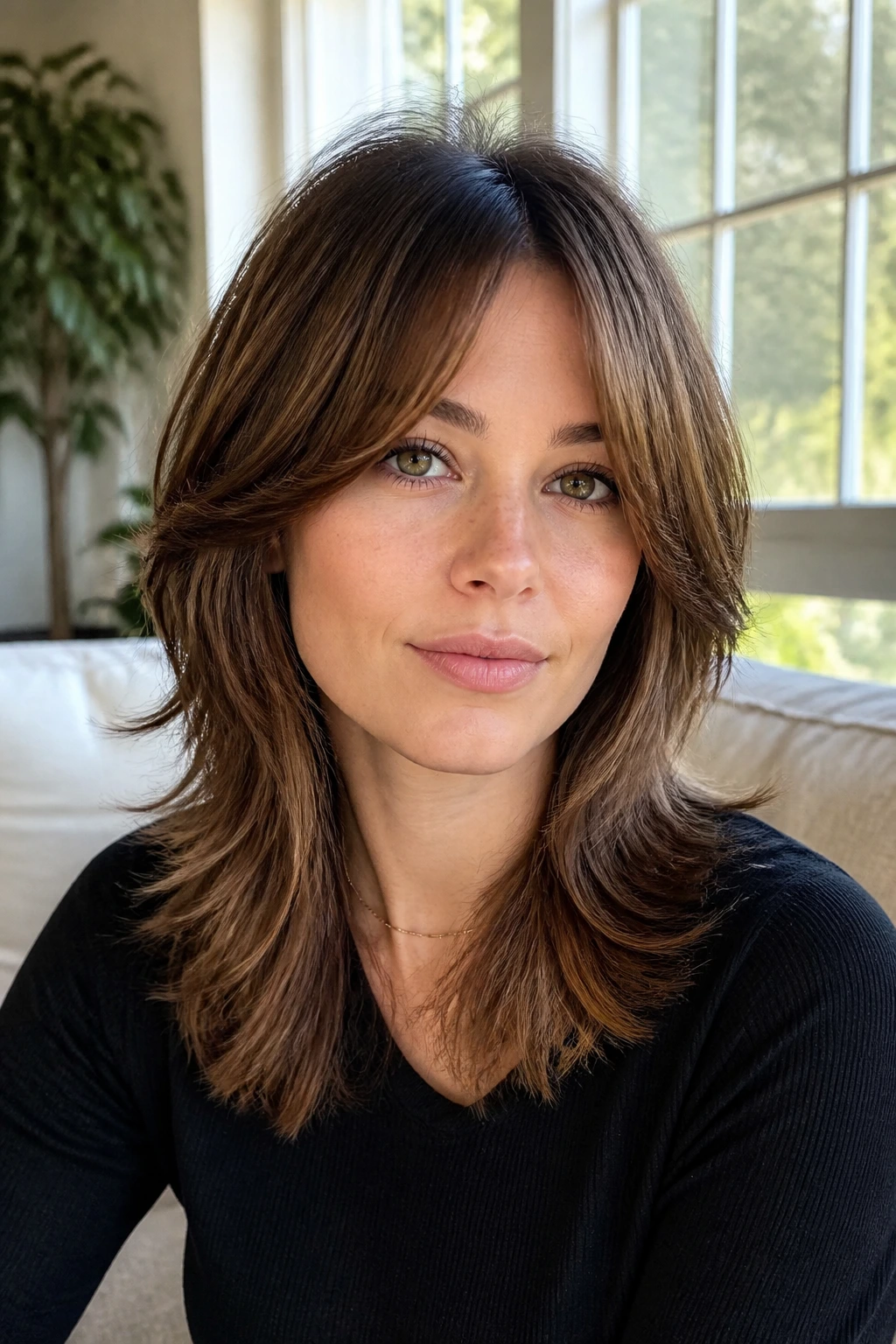 Portrait of a woman with feathered curtain fringe and mid-length layers on straight hair